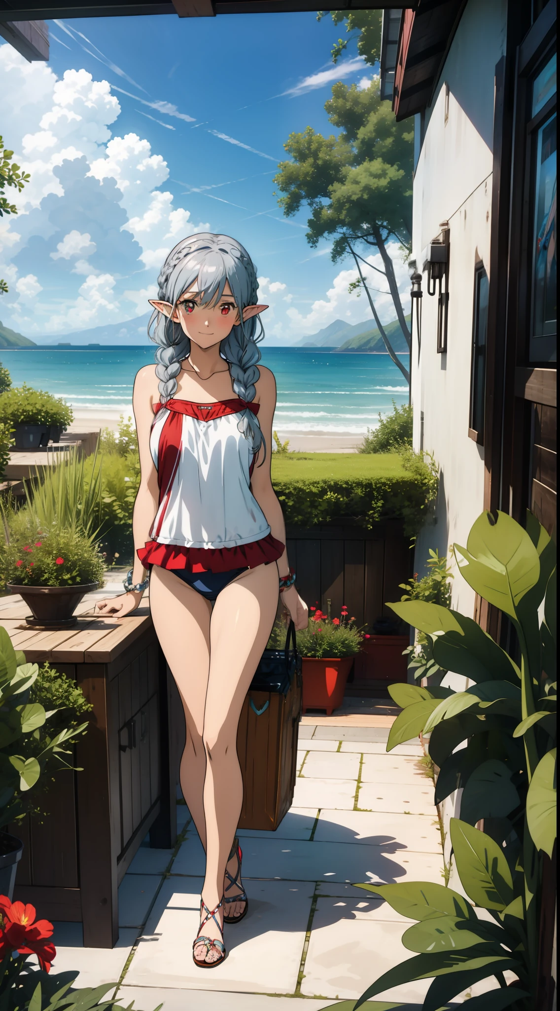 1 girl, swimsuit, competitive swimsuit, elf, silver hair, red eyes, braid, seaside, playing, laughing, concept art, official art