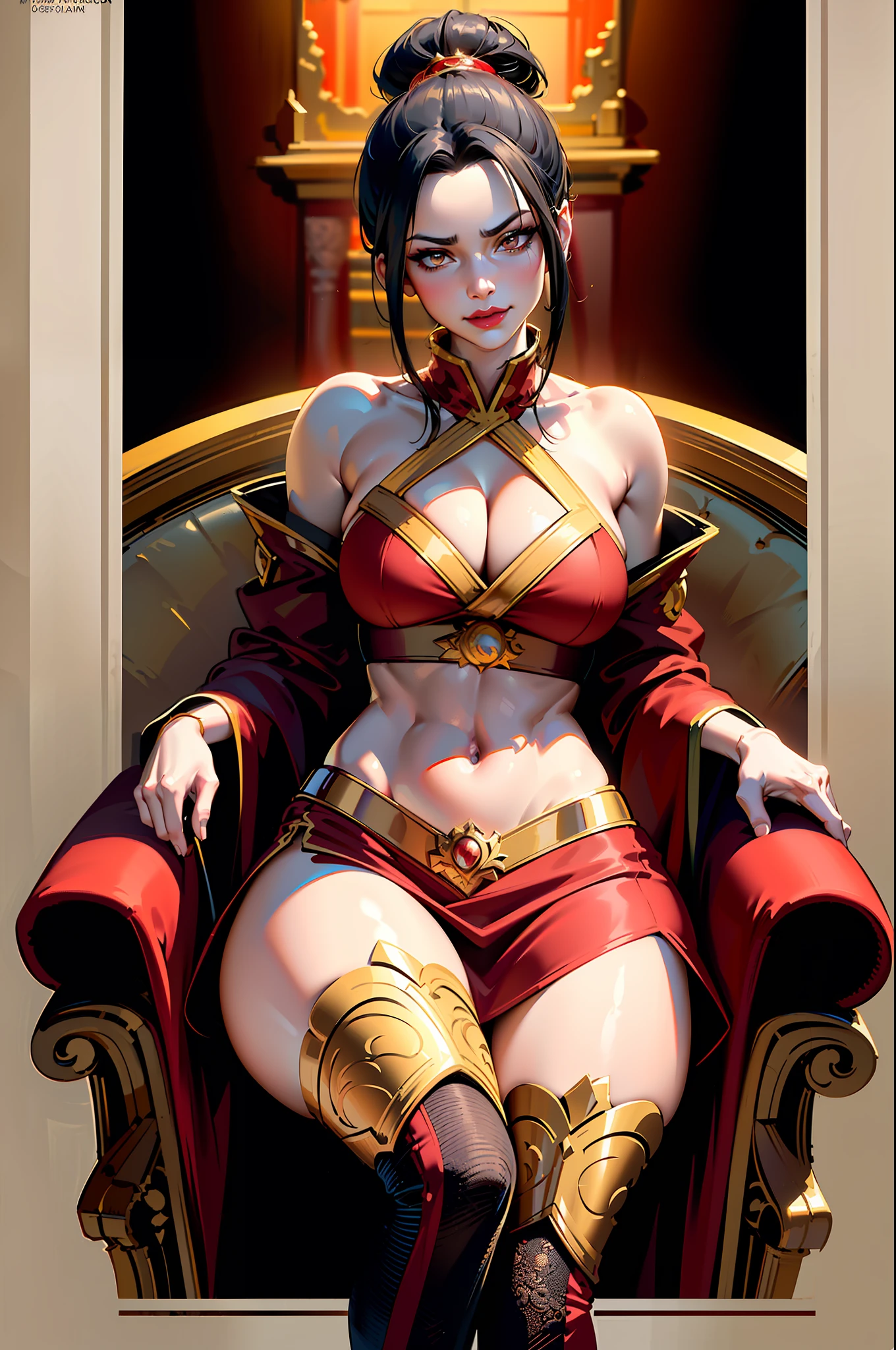 ultra-realistic 8k CG, masterpiece, ((ultra detailed background, fine drawing, intricate details, high detail, better quality fine details, hyper-detailed face)), (photorealistic: 1.4), beautiful lighting, absurdity, RAW photo, film grain, Azula, 1girl, smirk, solo, black hair, brown eyes, makeup, lipstick, red lips, single hair bun, navel, side strands, hair decoration, ((big breasts, slim girl,  wide hips)), ((unbuttoned kimono)), sitting on a throne, red throne, legs spread, ((complex detailed background, inside, dim lighting, moody lighting, inside the castle, inside, medieval castle environment)), erotica