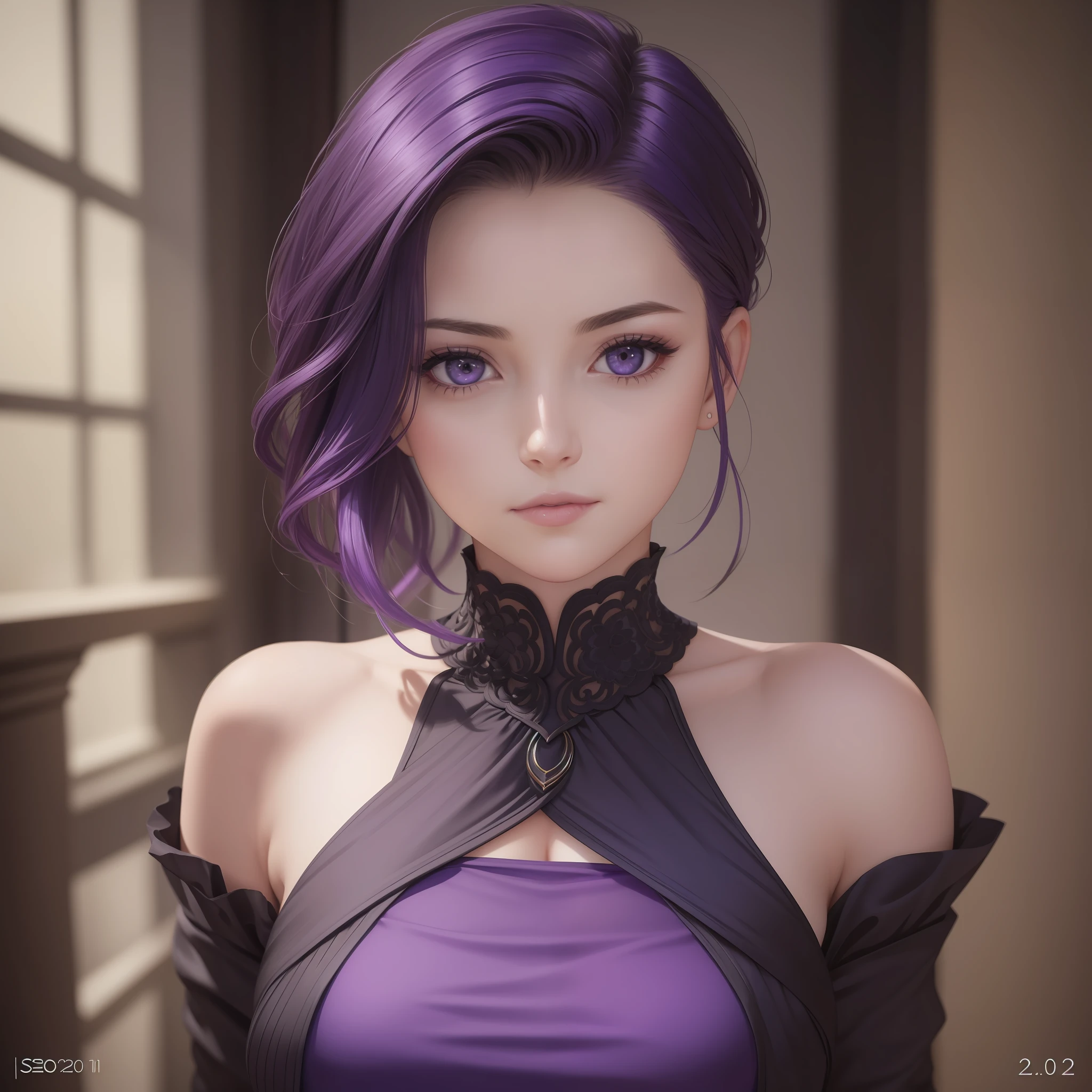 masterpiece, realistic, detailed eyes, detailed pupil, beautiful, looking at the viewer, subtle lighting, depth of field, film grain, 20yo, female, solo, (massive breasts: 1.2), small neckline, short asymmetrical hair undercut with purple stir, tight dark purple dress, black goth chok --auto --s2