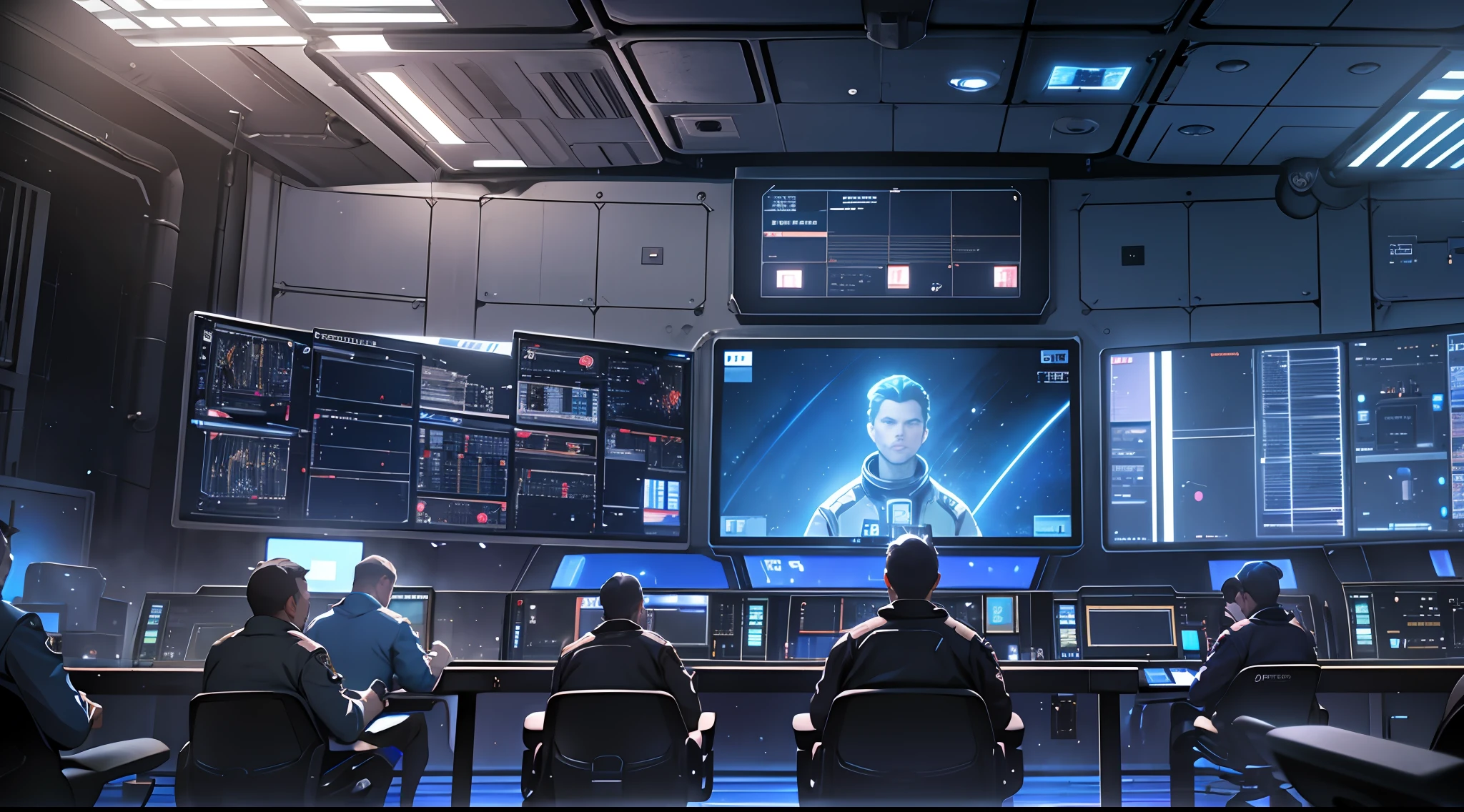 Space control room, control hall, lots of screens, screens with blue light, lots of crew, everyone applauds, realism, high detail, cinematic lighting, cool lighting, close-up, realism, UHD, high detail, super detail --auto --s2