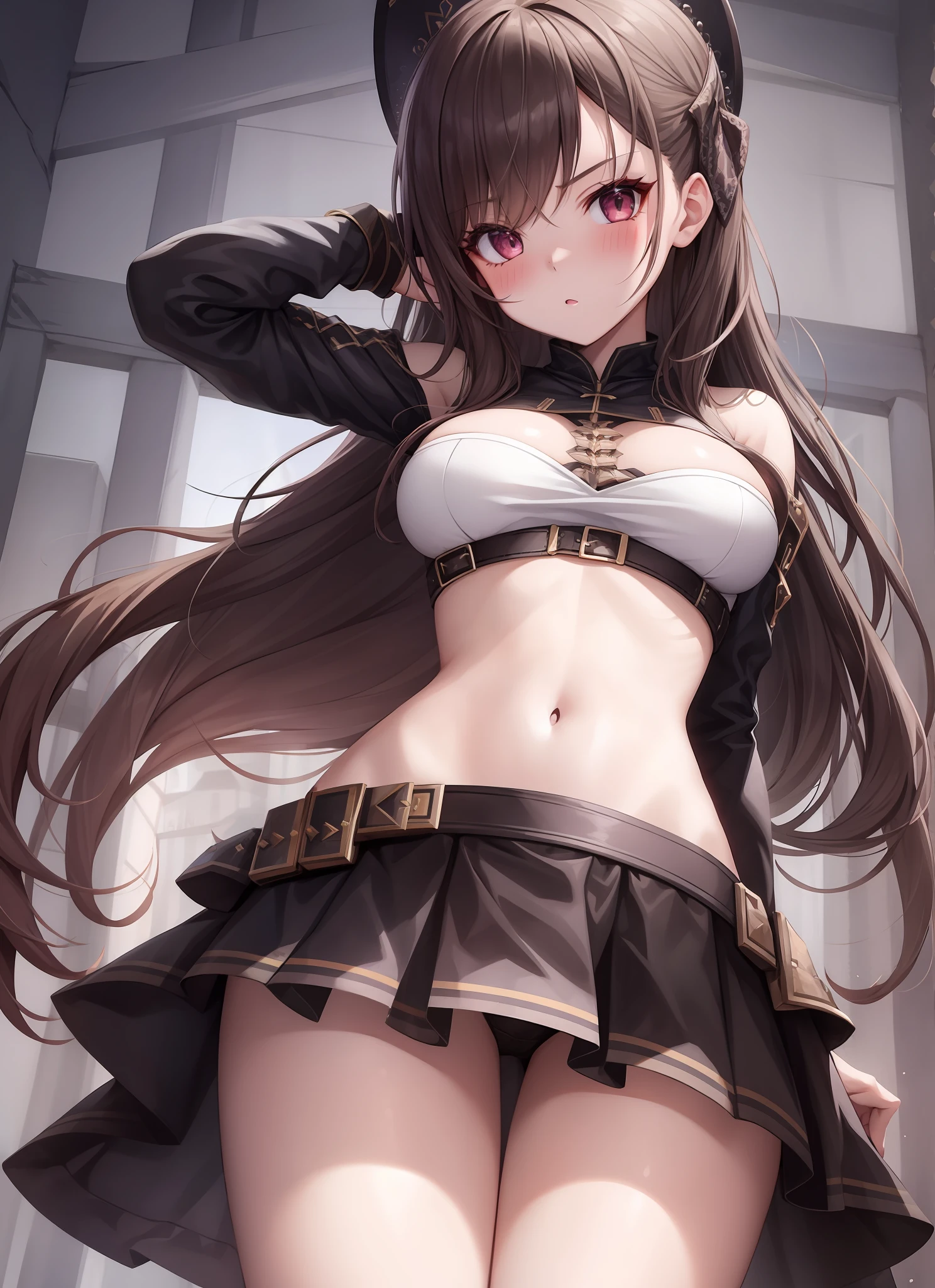 (1girl, solo:1), barbararnd, (huge breasts), (petite, chibi), narrow waist, looking at the viewer, cowboy shot, eyeliner, eyelashes, (pale skin: 0.79), (body blush: 1.00), ,(A9A9A9:0.23),(2F4F4E:0.30),(006600:0.65) , ,