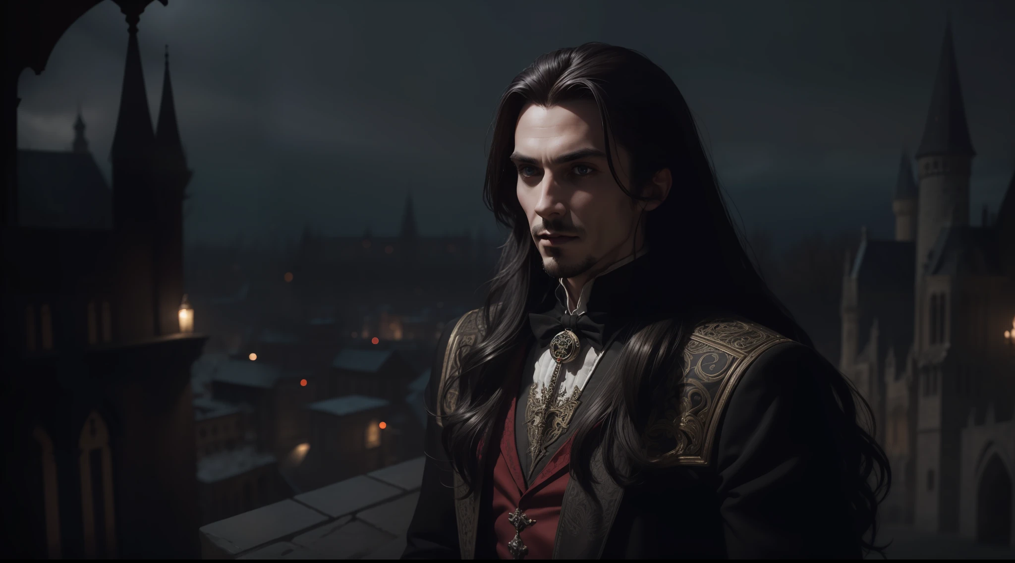 award-winning photo from the waist up, Dracula, Long Hair, Castle ((best quality)), ((ultra res)), ((photorealistic)), (intricate details), dramatic, sharp focus, 8k
