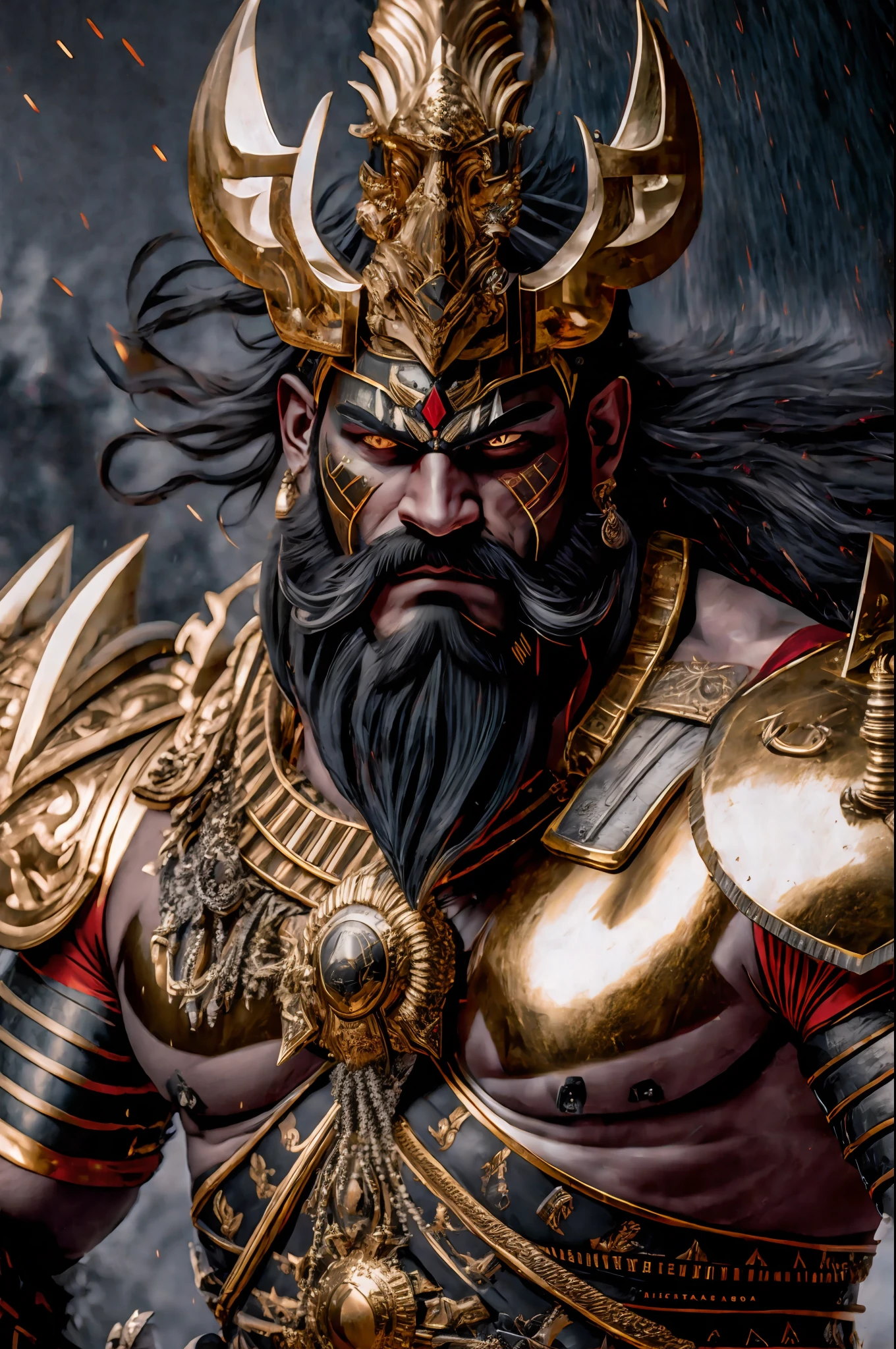 8k rendered digital illustration of a fierce-looking Demon King warrior Ravana possessing extremely powerful demonic weapons, wearing an Indian red-green Kings attire with golden jewellery and black gold armour in a dark universe, a mild burning hellish environment giving the scene a dark atmosphere but sculpting the forms in sharp chiaroscuro), it is night time, (highly detailed skin), ((black beard)), (highly detailed face), ((black gold armor)), detailed background, dark lighting, twilight lighting, volumetric lighting, intricate details, UHD, extremely detailed masterpiece, intricate details, (Highest quality:1.3), cinematic shot, ((masterpiece)), (sharp focus:1.5), (photorealistic:1.3), muscular body, hairy chest, body builder, (detailed face), detailed background, depth of field, (dark lighting:1.3), dramatic lighting, twilight lighting, volumetric shadows, highly detailed, intricate details, 8k, UHD, HDR, trending on Artstation, Award wining legendary art