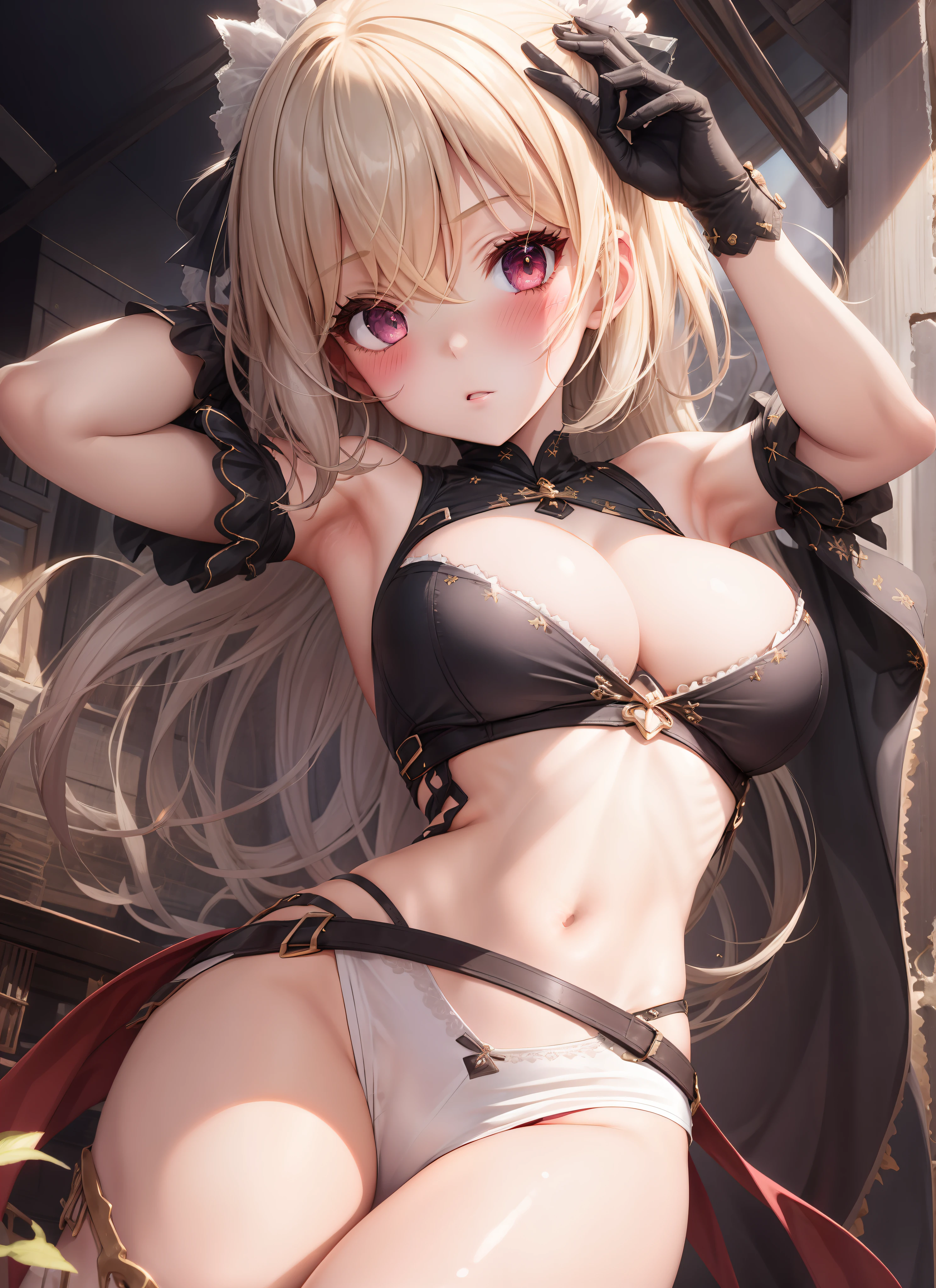 (1girl, solo:1), barbararnd, (huge breasts), (petite, chibi), narrow waist, looking at the viewer, cowboy shot, eyeliner, eyelashes, (pale skin: 0.79), (body blush: 1.00), ,(A9A9A9:0.23),(2F4F4E:0.30),(006600:0.65) , ,