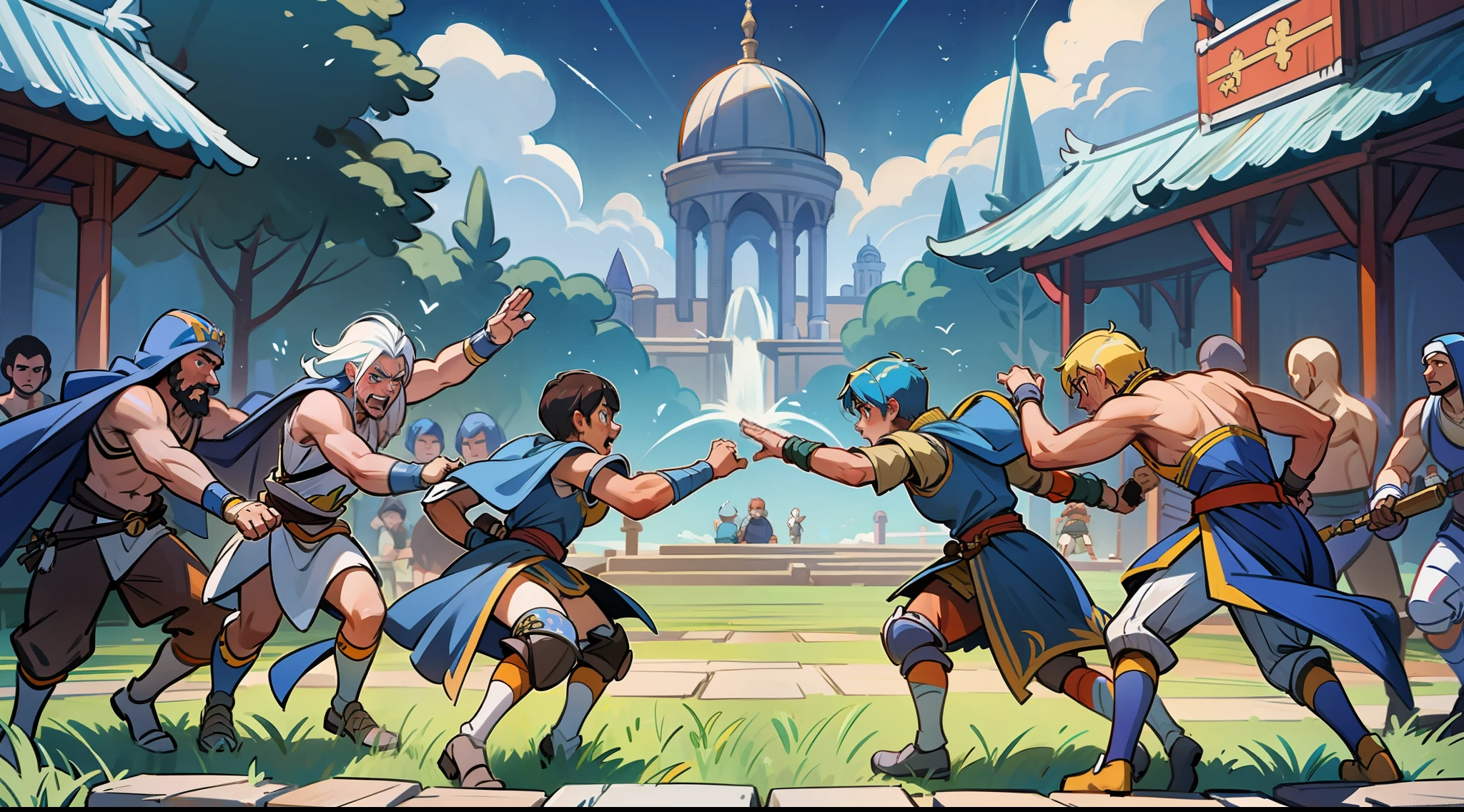 a general brawl between warriors, against the backdrop of a fantasy world