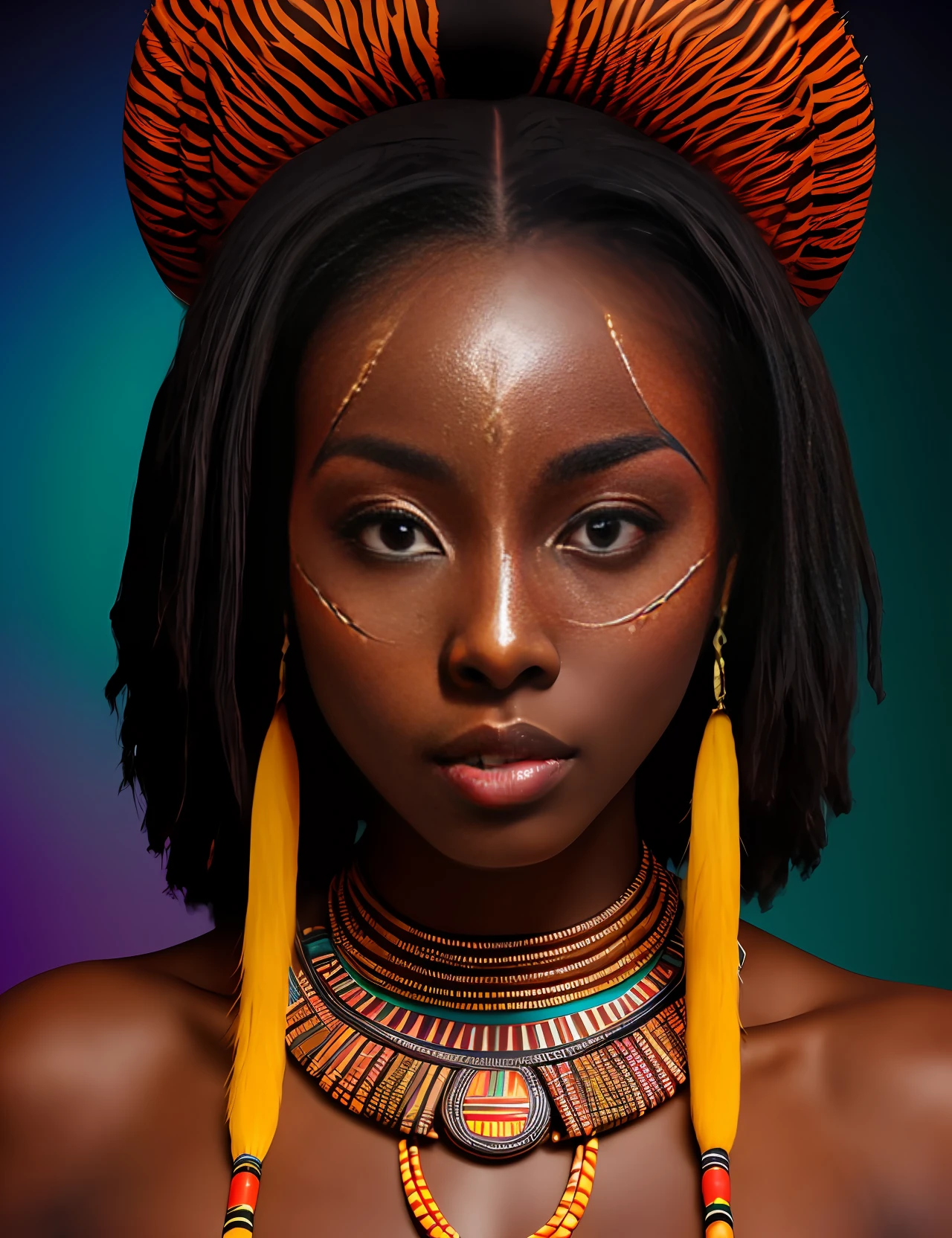 high fashion photograph of an African model, tribal makeup, hypnotic symmetry, color gradients, tribal color blending, 8k uhd, dslr, soft lighting, high quality