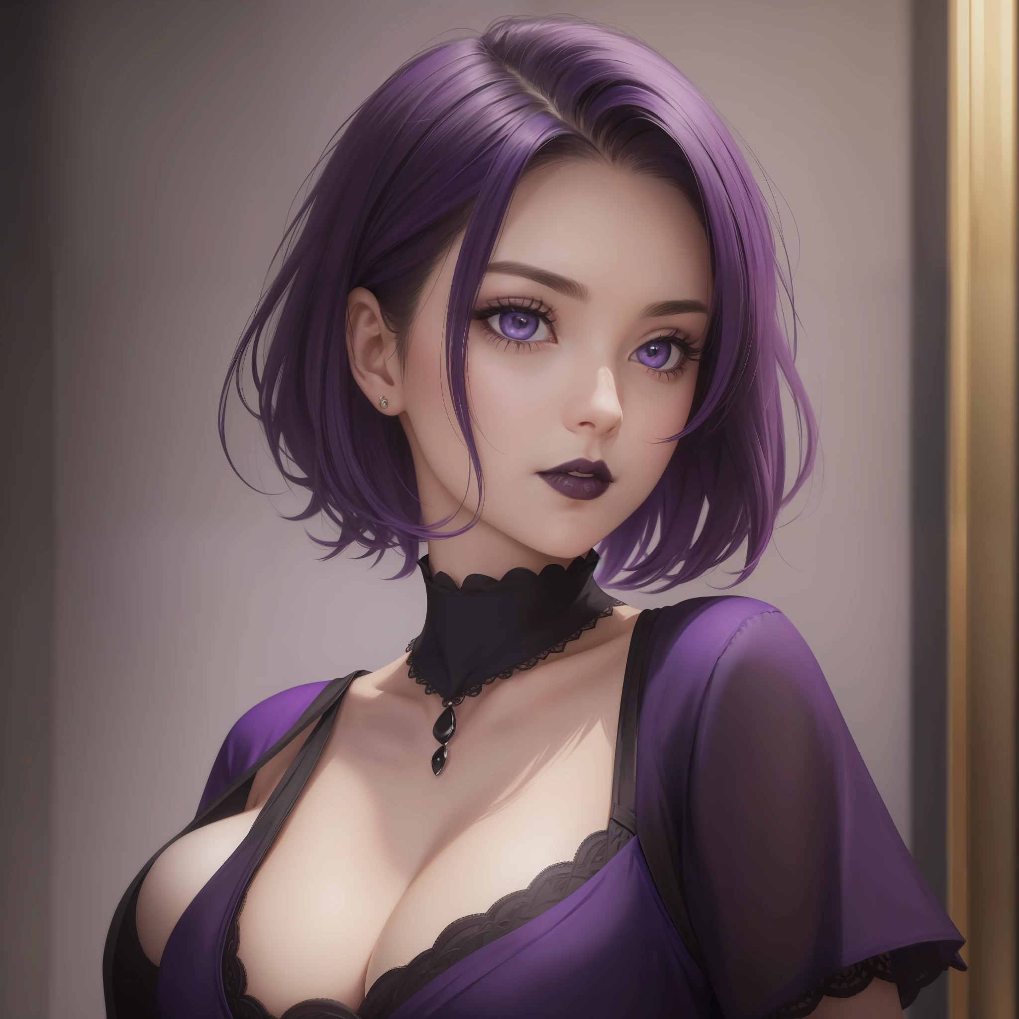masterpiece, realistic, detailed eyes, detailed pupil, beautiful, looking at the viewer, subtle lighting, depth of field, film grain, 20yo, female, solo, (massive breasts: 1.2), small neckline, short asymmetrical hair undercut with purple stir, tight dark purple dress, black goth chok --auto --s2