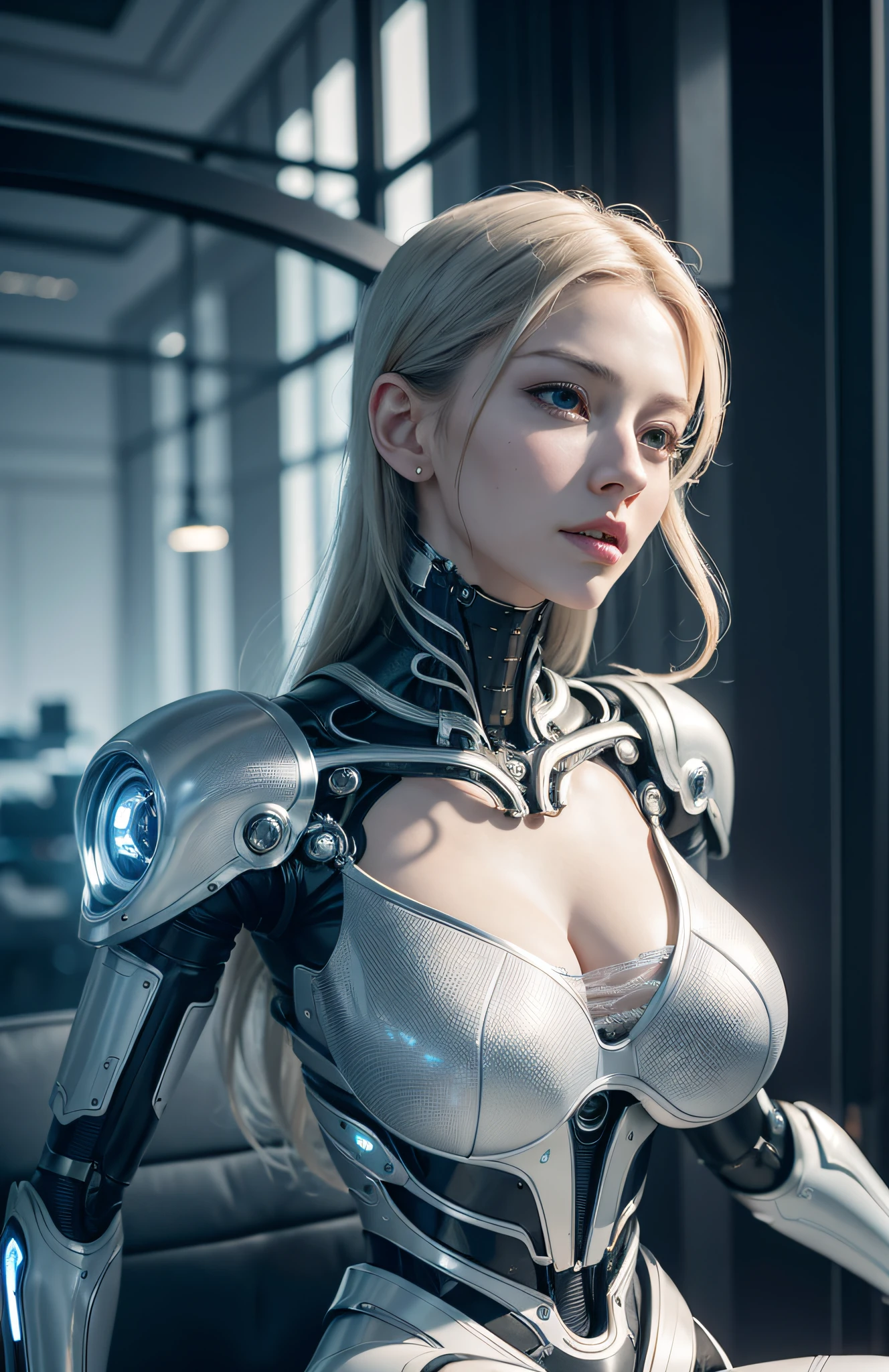 complex 3d render ultra detailed of a beautiful porcelain profile woman android face, cyborg, robotic parts,  beautiful studio soft light, rim light, vibrant details, luxurious cyberpunk, lace, hyperrealistic, anatomical, facial muscles, cable electric wires, microchip, elegant, beautiful background, octane render, H. R. Giger style, 8k, best quality, masterpiece, illustration, an extremely delicate and beautiful, extremely detailed ,CG ,unity ,wallpaper, (realistic, photo-realistic:1.37),Amazing, finely detail, masterpiece,best quality,official art, extremely detailed CG unity 8k wallpaper, absurdres, incredibly absurdres, robot, silver halmet, full body, sitting, 1girl
