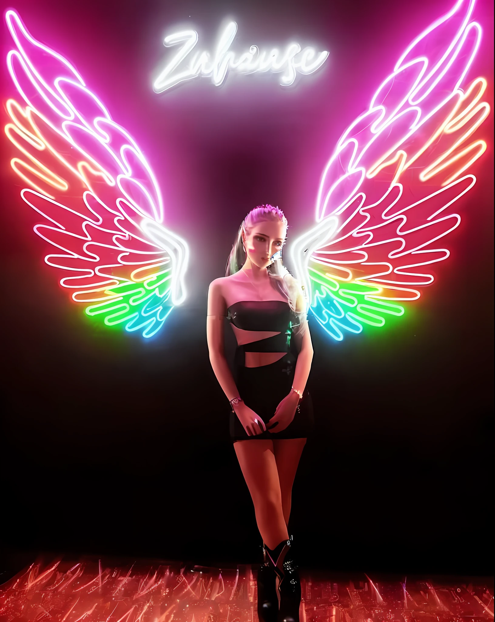 arafed woman in a black dress with neon wings, neon wings, with neon lights, wings made of light, infinite angel wings, with neon signs, neon lights in the background, neon light and fantasy, with neon lighting, spreading her wings, neon lights in background, infinite angelic wings, tron angel, large wings, neon lights and adds