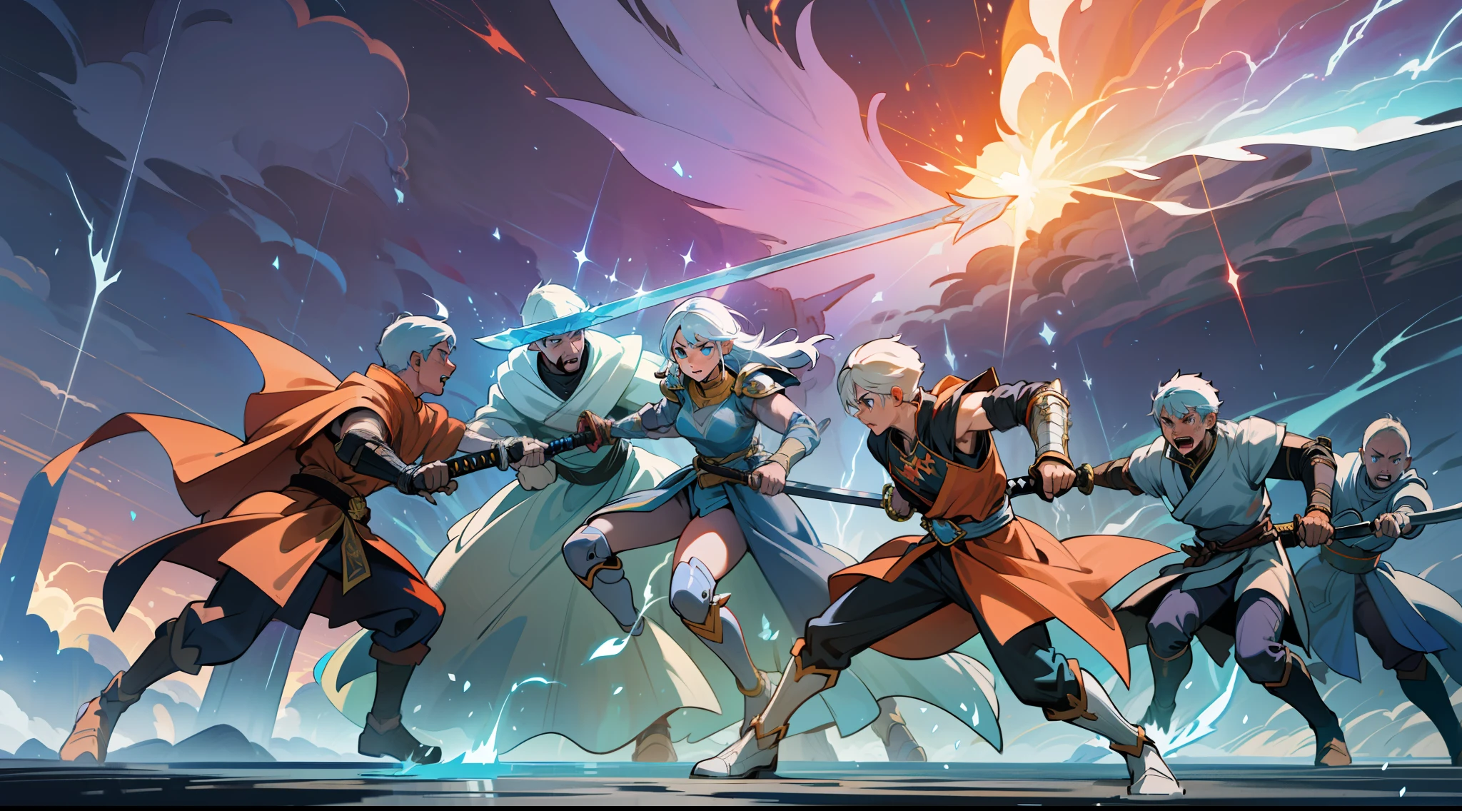 (An epic brawl scene in a fantasy world), dynamic action, heroic warriors, aura shining, (flying swords:1.2), (fire spell:1.1),(ice spell: 1.1), (lightning spell:1.1), (earth element:1.1), vivid colors, epic scale, intense lightning and shadows.