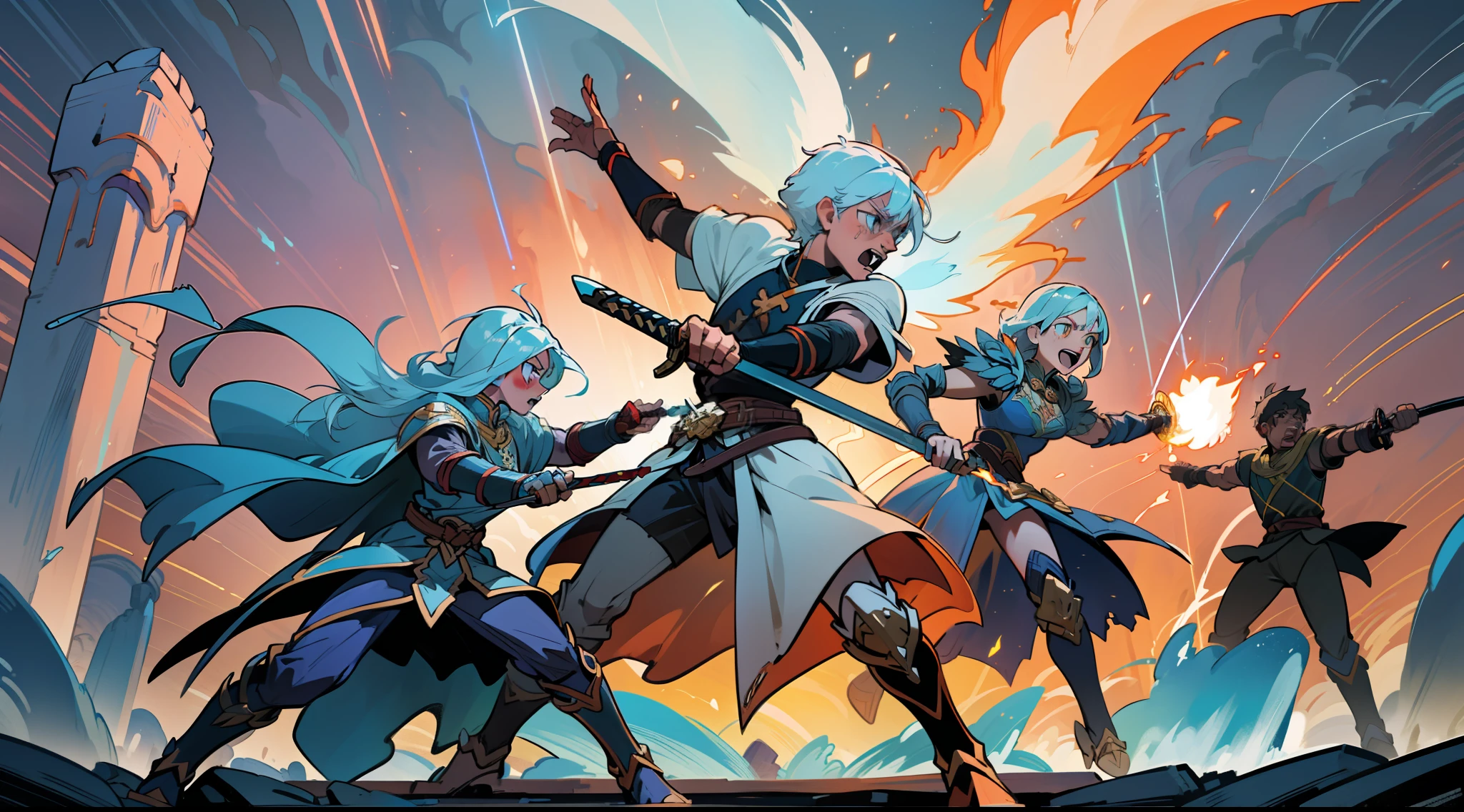 (An epic brawl scene in a fantasy world), dynamic action, heroic warriors, aura shining, (flying swords:1.2), (fire spell:1.1),(ice spell: 1.1), (lightning spell:1.1), (earth element:1.1), vivid colors, epic scale, intense lightning and shadows.