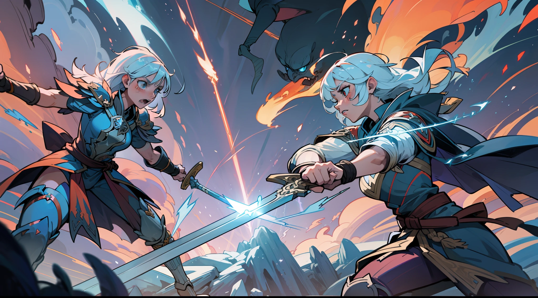 (An epic brawl scene in a fantasy world), dynamic action, heroic warriors, aura shining, (flying swords:1.2), (fire spell:1.1),(ice spell: 1.1), (lightning spell:1.1), (earth element:1.1), vivid colors, epic scale, intense lightning and shadows.