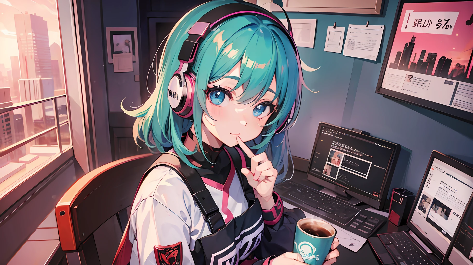 Anime girl sitting at a table with a cup of coffee, headphones, 4K anime style, 8K anime art wallpaper, 4K anime art wallpaper, 4K anime art wallpaper, anime style. 8k, anime wallpaper 4k, anime wallpaper 4k, anime wallpaper 4k, mystery girl cafeteria, lofi artstyle, lofi girl, digital art cyberpunk anime --auto --s2