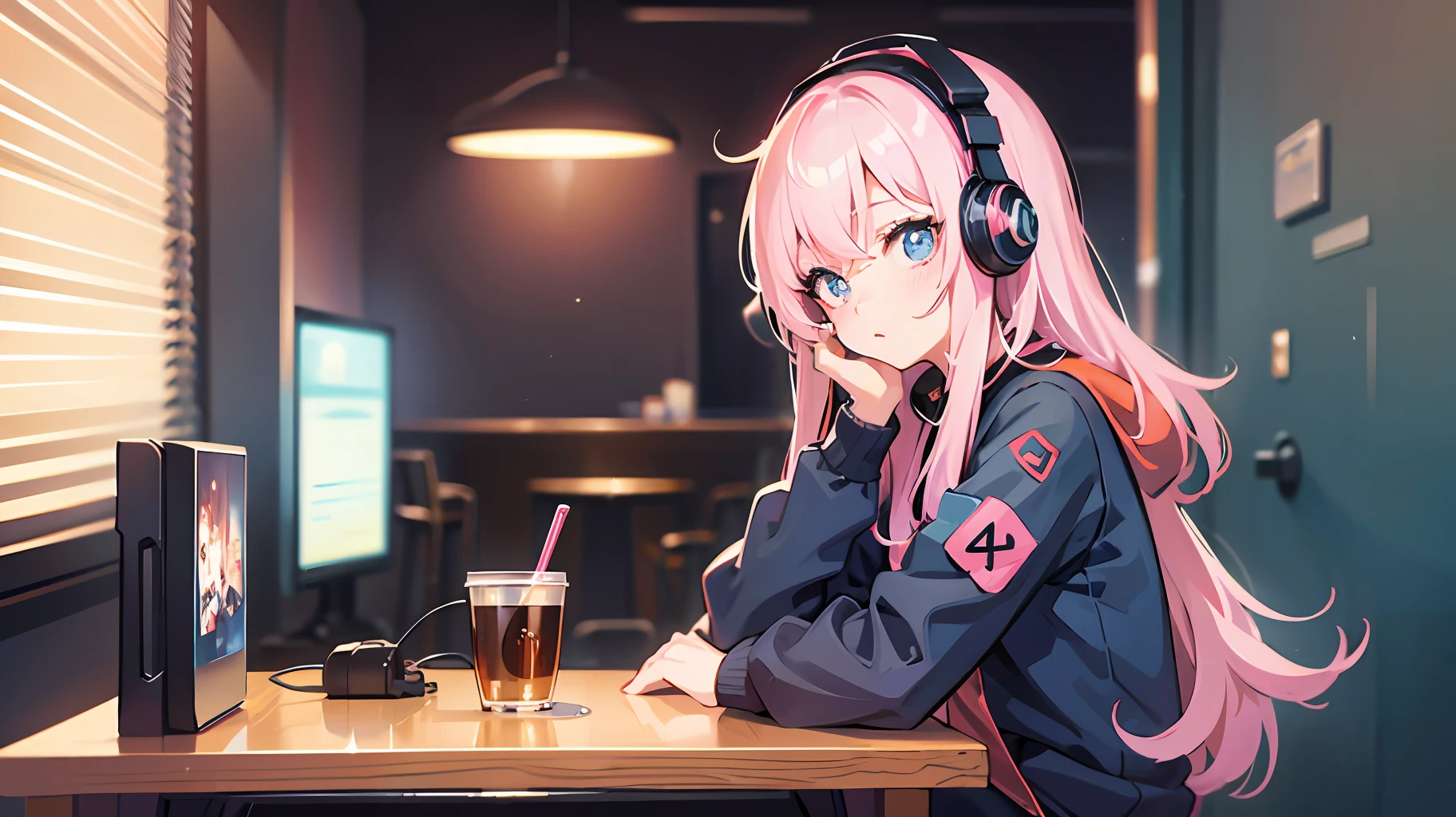 Anime girl sitting at a table with a cup of coffee, headphones, 4K anime style, 8K anime art wallpaper, 4K anime art wallpaper, 4K anime art wallpaper, anime style. 8k, anime wallpaper 4k, anime wallpaper 4k, anime wallpaper 4k, mystery girl cafeteria, lofi artstyle, lofi girl, digital art cyberpunk anime --auto --s2