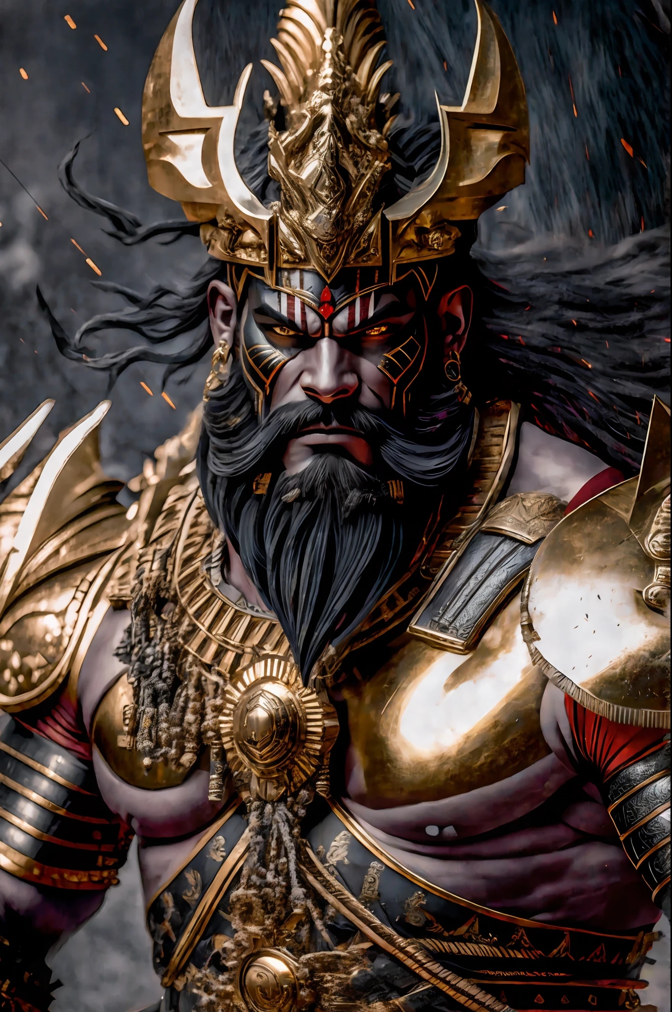 8k rendered digital illustration of a fierce-looking Demon King warrior Ravana possessing extremely powerful demonic weapons, wearing an Indian red-green Kings attire with golden jewellery and black gold armour in a dark universe, a mild burning hellish environment giving the scene a dark atmosphere but sculpting the forms in sharp chiaroscuro), it is night time, (highly detailed skin), ((black beard)), (highly detailed face), ((black gold armor)), detailed background, dark lighting, twilight lighting, volumetric lighting, intricate details, UHD, extremely detailed masterpiece, intricate details, (Highest quality:1.3), cinematic shot, ((masterpiece)), (sharp focus:1.5), (photorealistic:1.3), muscular body, hairy chest, body builder, (detailed face), detailed background, depth of field, (dark lighting:1.3), dramatic lighting, twilight lighting, volumetric shadows, highly detailed, intricate details, 8k, UHD, HDR, trending on Artstation, Award wining legendary art