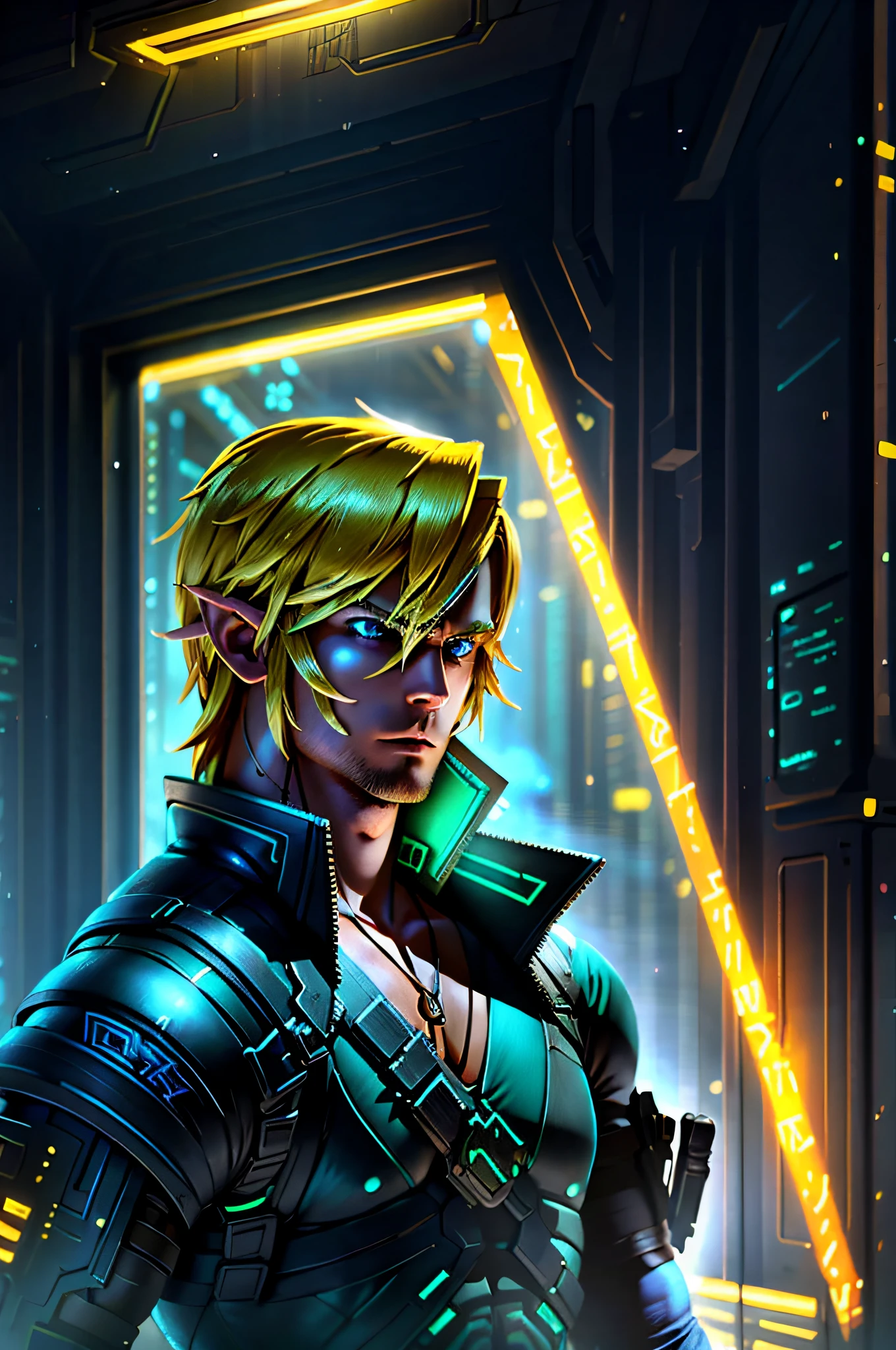 Cyberpunk link from Zelda , Cinematic shot, Incredibly detailed, Sharp, Professional lighting, Photography lighting, 80mm, Lightroom gallery, Behance, Unsplash, --v 4