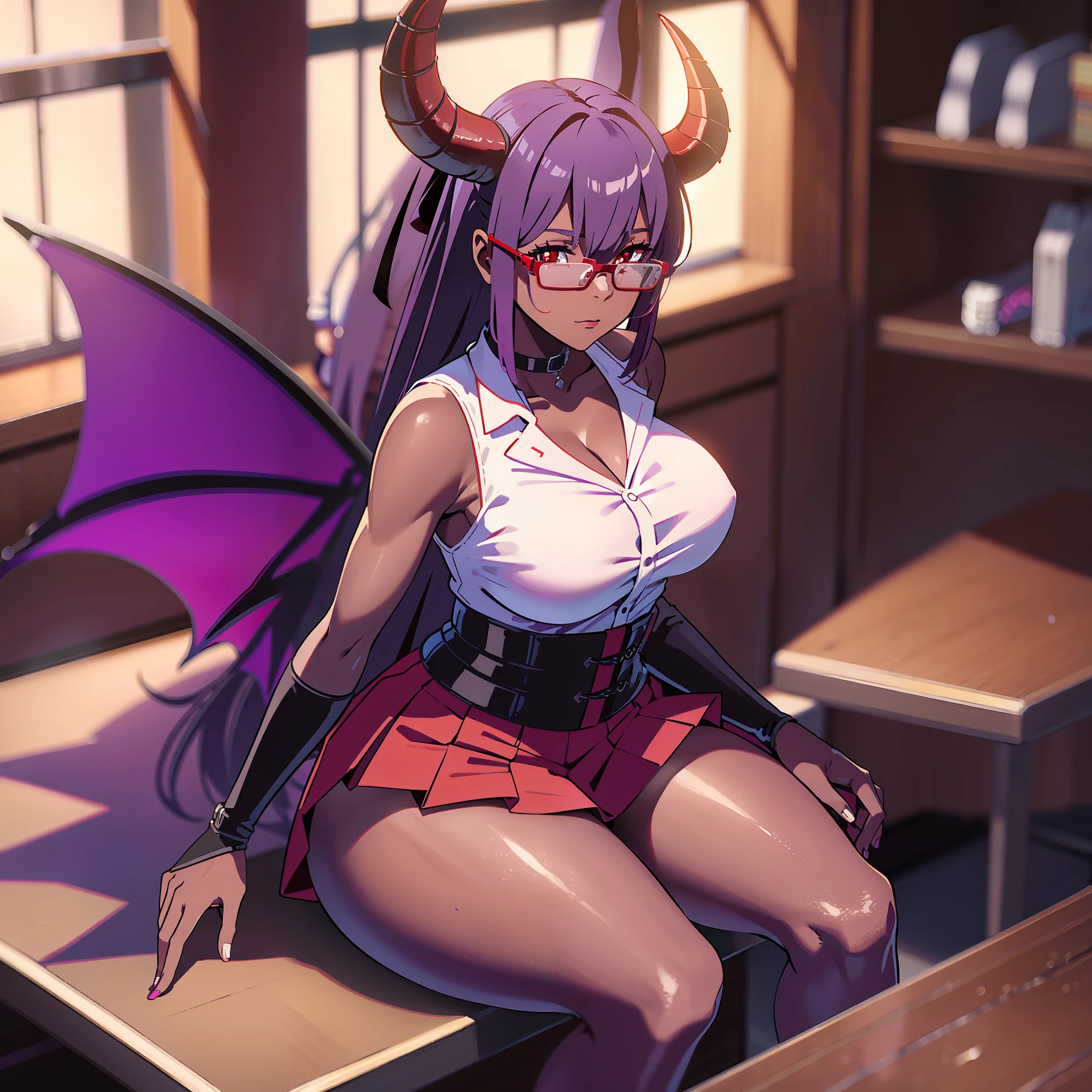 red horns, (dark skin), purple hair, (best quality, masterpiece), sitting, looking at the viewer, hands on the table, table in front, back of the office, 1woman, neckline, mini skirt, white shirt, large breasts, large thighs, dark skin, glasses, short, dark skin, solo,, standing, scales, dark red dragon horns, dark red dragon tail, subtle paterns of bright shades of purple along its limbs and tail, red eyes