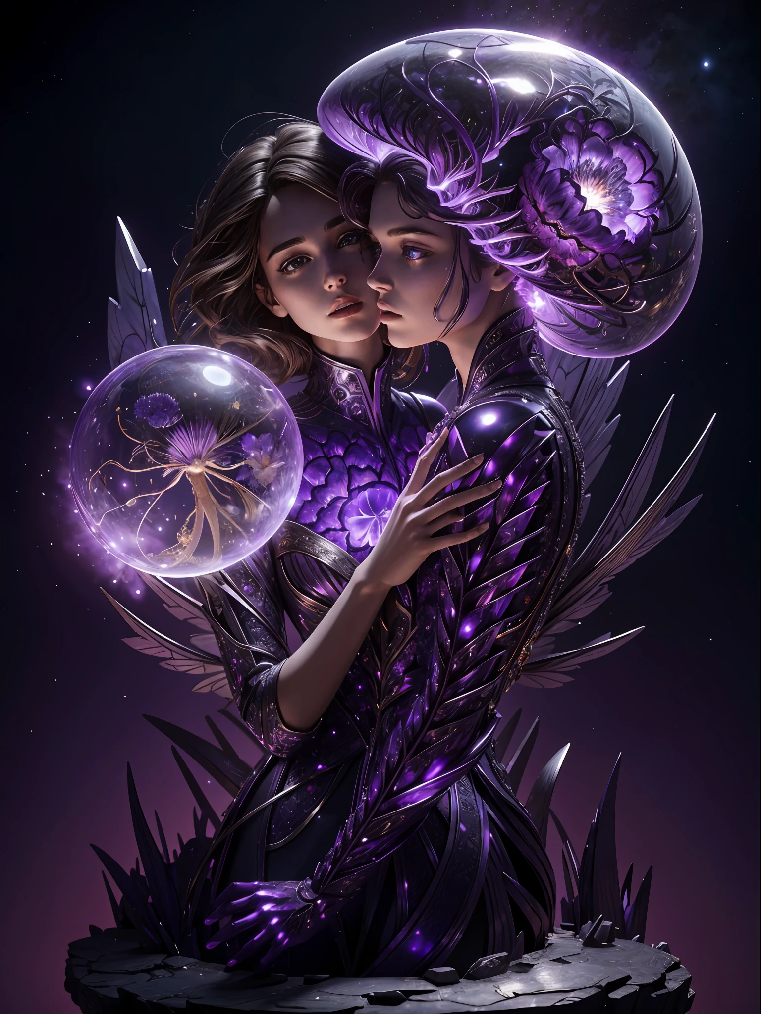 Incredible and spectacular scenes, ((high quality)), ((detailed)), ((fantasy)), "purple plasma brain, purple plasma body, realistic, best quality, 4K, flowers trapped in blisters at the top realistic, (tall handsome boy and beautiful girl hugging), full body portrait", image quality (3D rendering effect) , exquisite details,