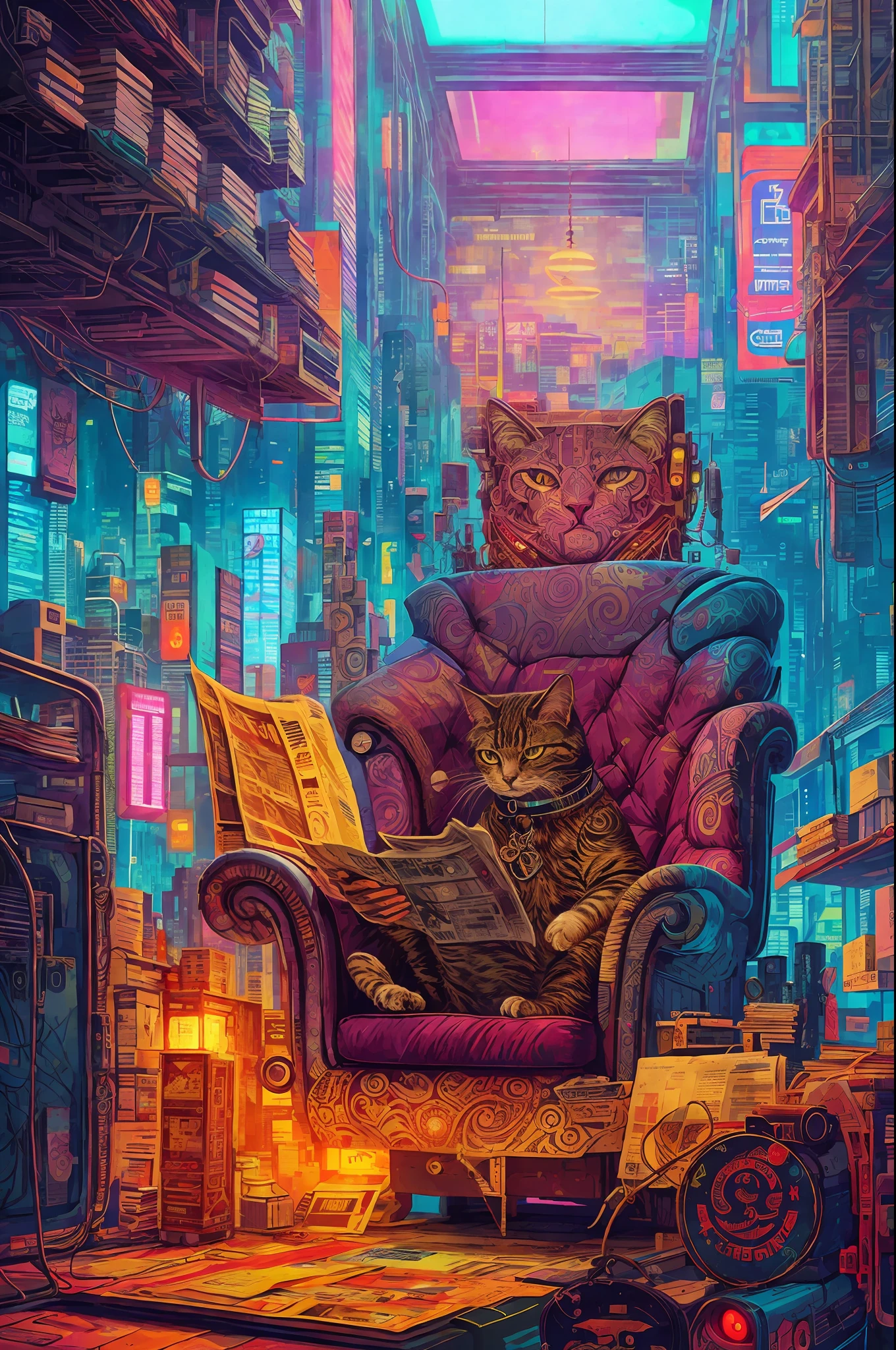 Cyberpunk style, psychedelic, cat reading a newspaper sitting in an armchair, intricate, hyper detailed