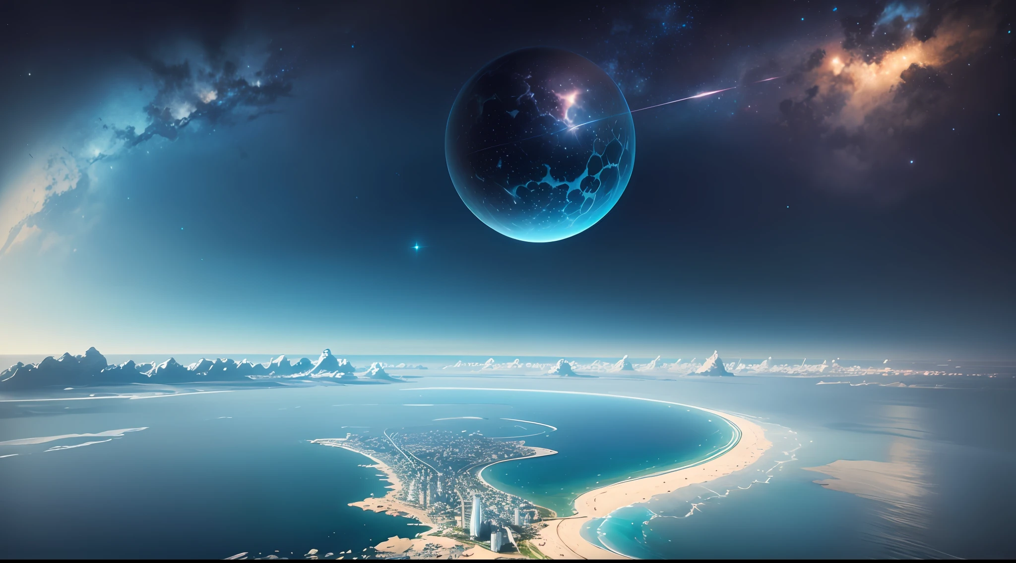 Horizon, with land and sea, starry sky, sunny day, view from atmosphere, top view, super real, no architecture, surrealism, high detail, cinematic lighting, close up, futurism, concept art, UHD, high detail, super detail --auto --s2