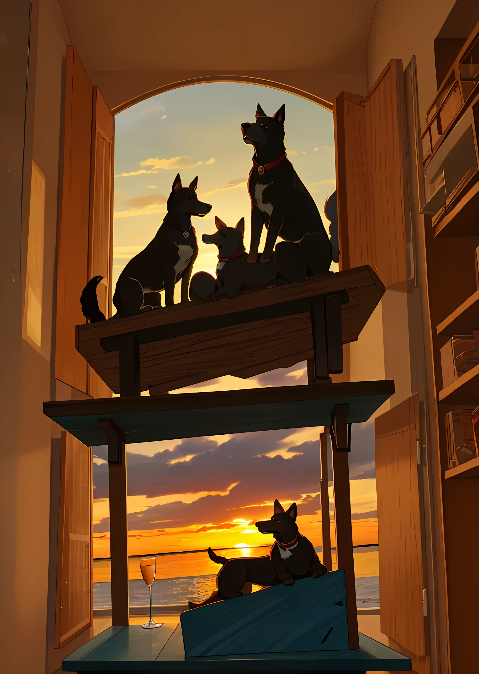 Dog in pair on top of a board of glasses and sunset