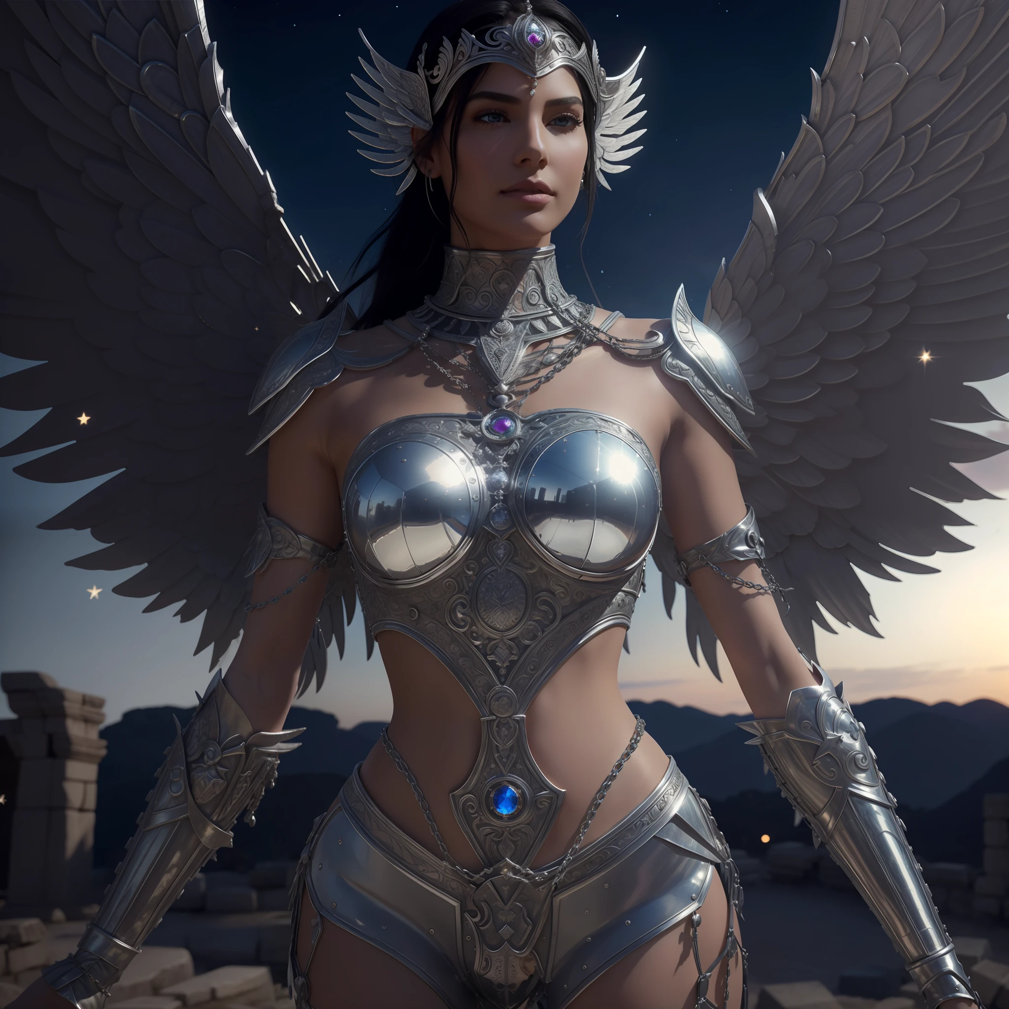 Full body, An Ultra realistic beautiful woman, detailed beautiful face, facing camera, belly, hips, detailed silver armor made of chains, detailed crafted gemstones, metallic wings, short black hair, at ancient civilization ruins background, almond eyes, night sky with stars, 8k, HDR, ultra realistic, realistic skin, masterpiece, best quality, high quality, photo realistic, ray tracing
