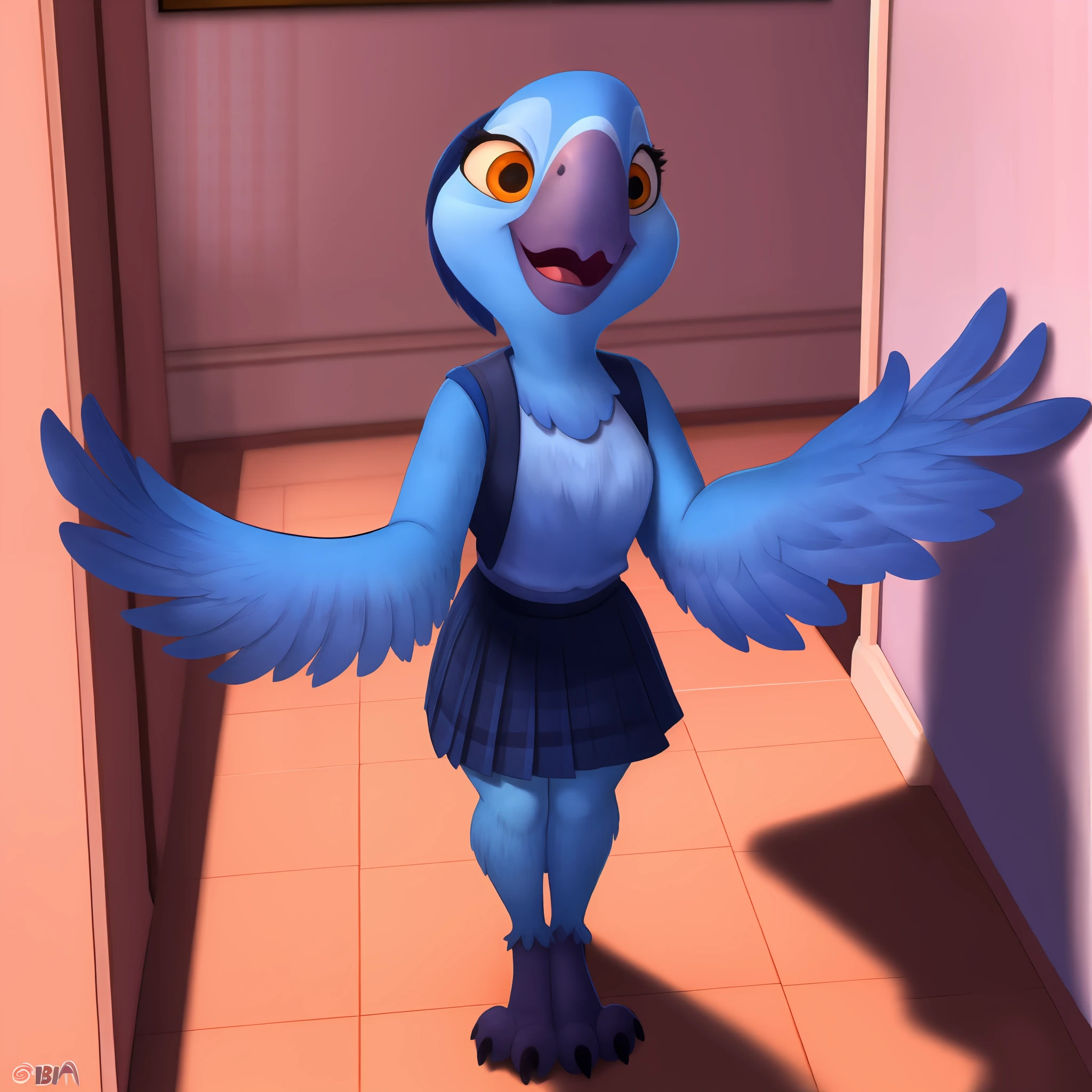 Portrait of Bia cartoon, female macaw, blue feathers, looking up at viewer, smile, indoors, hallway, holding onto books, schoolgirl clothes, nsfw