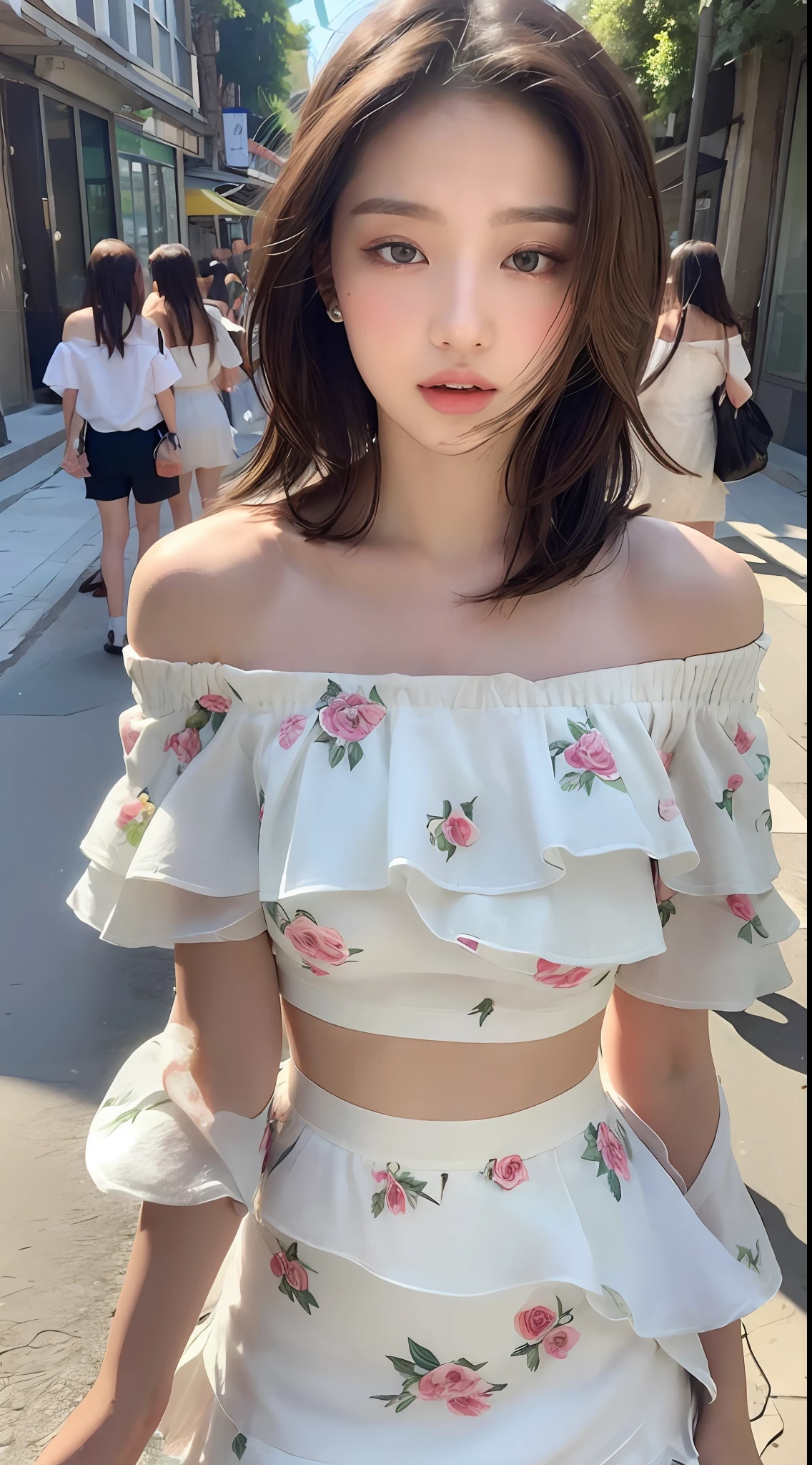 ((Best Quality, 8K, Masterpiece: 1.3)), Sharp: 1.2, Perfect Body Beauty: 1.4, Slim Abs: 1.2, ((Layered Hairstyle, :1.2)), (White Off-the-Shoulder Floral Dress: 1.1), (Street: 1.2), Highly detailed facial and skin texture, Detailed eyes, double eyelids, looking at the camera,