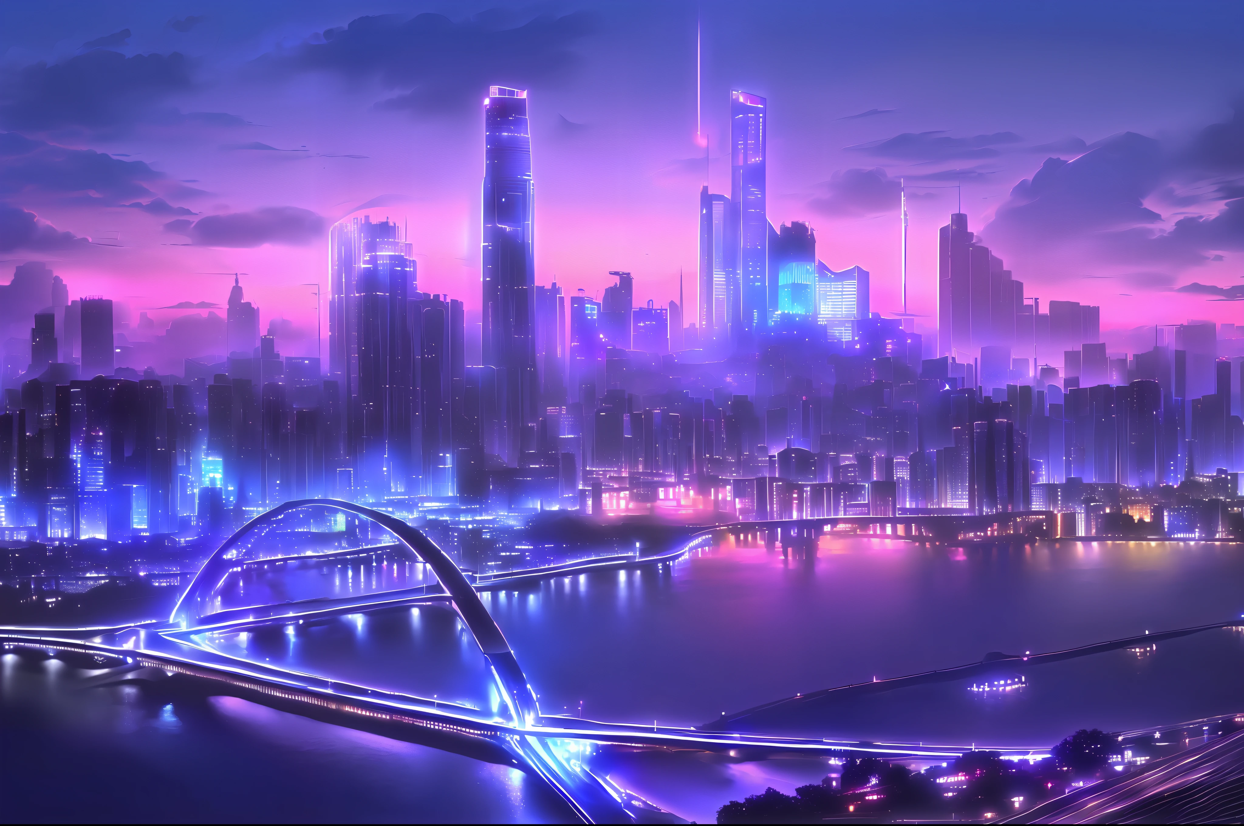 Night view of the city with bridge and river, skyline display, beautiful futuristic city, romantic evening, inspired by Chasbio, with neon megacities in the background, you can experience the atmosphere and surprise of urban design. (Optimized Prompt content)