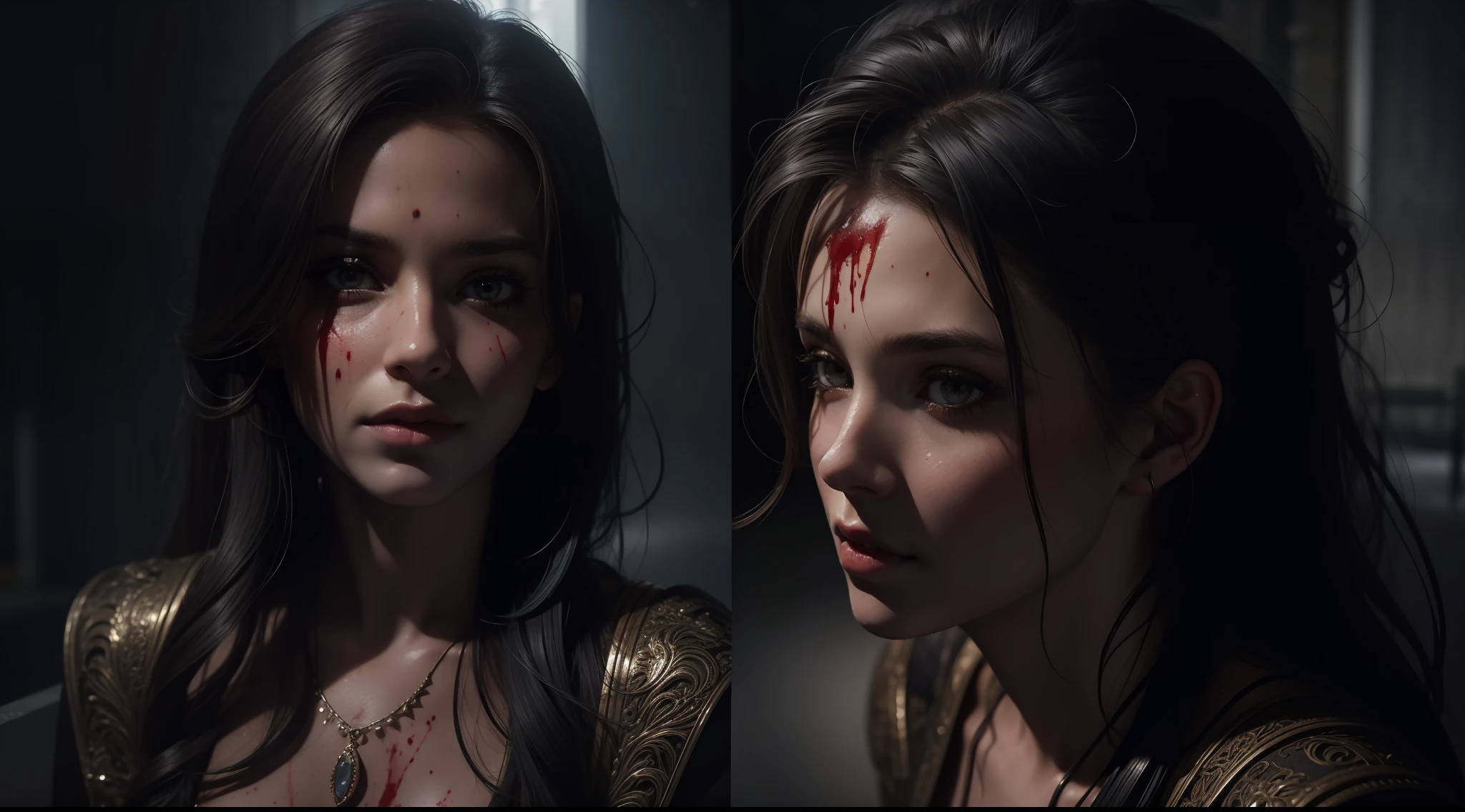Award-winning photo from the waist up, beautiful woman dirty with blood, ((best quality)), ((ultra res)), ((photorealistic)), (intricate details), dramatic, sharp focus, 8k, on concrete background