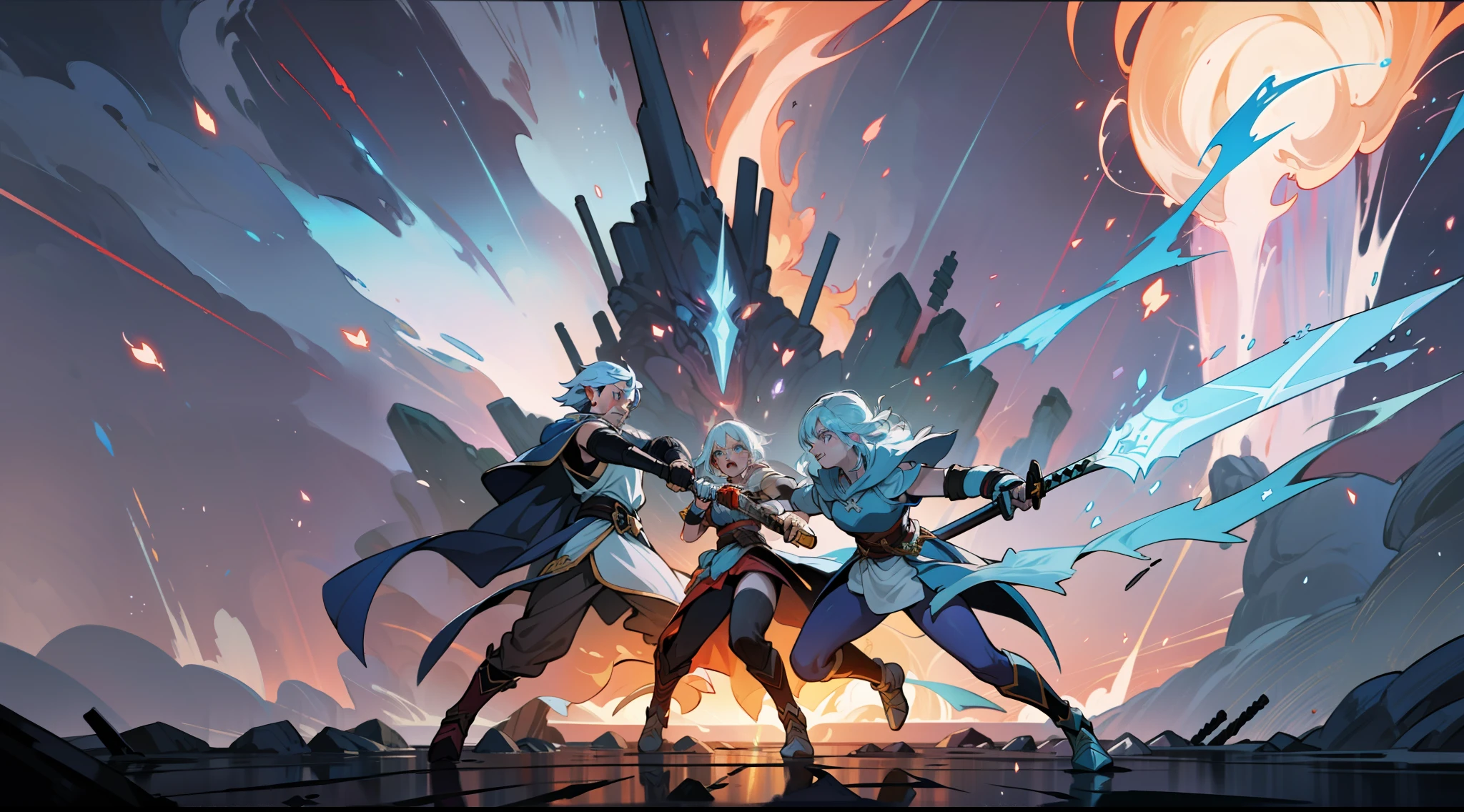 (An epic brawl scene in a fantasy world), dynamic action, heroic warriors, aura shining, (flying swords:1.2), (fire spell:1.1),(ice spell: 1.1), (lightning spell:1.1), (earth element:1.1), vivid colors, epic scale, intense lightning and shadows.