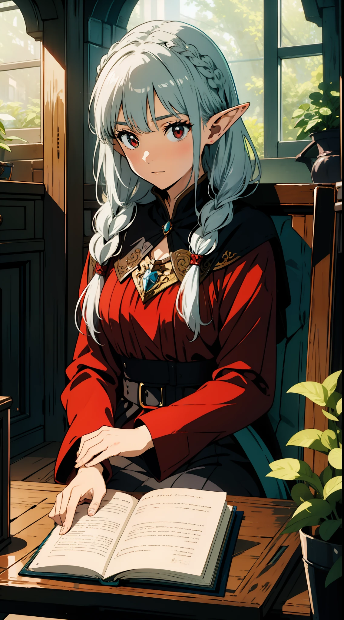 Close up portrait of one girl, elf, silver hair, red eyes, braid, fantasy style costume, library, reading a book, sitting, concept art, official art