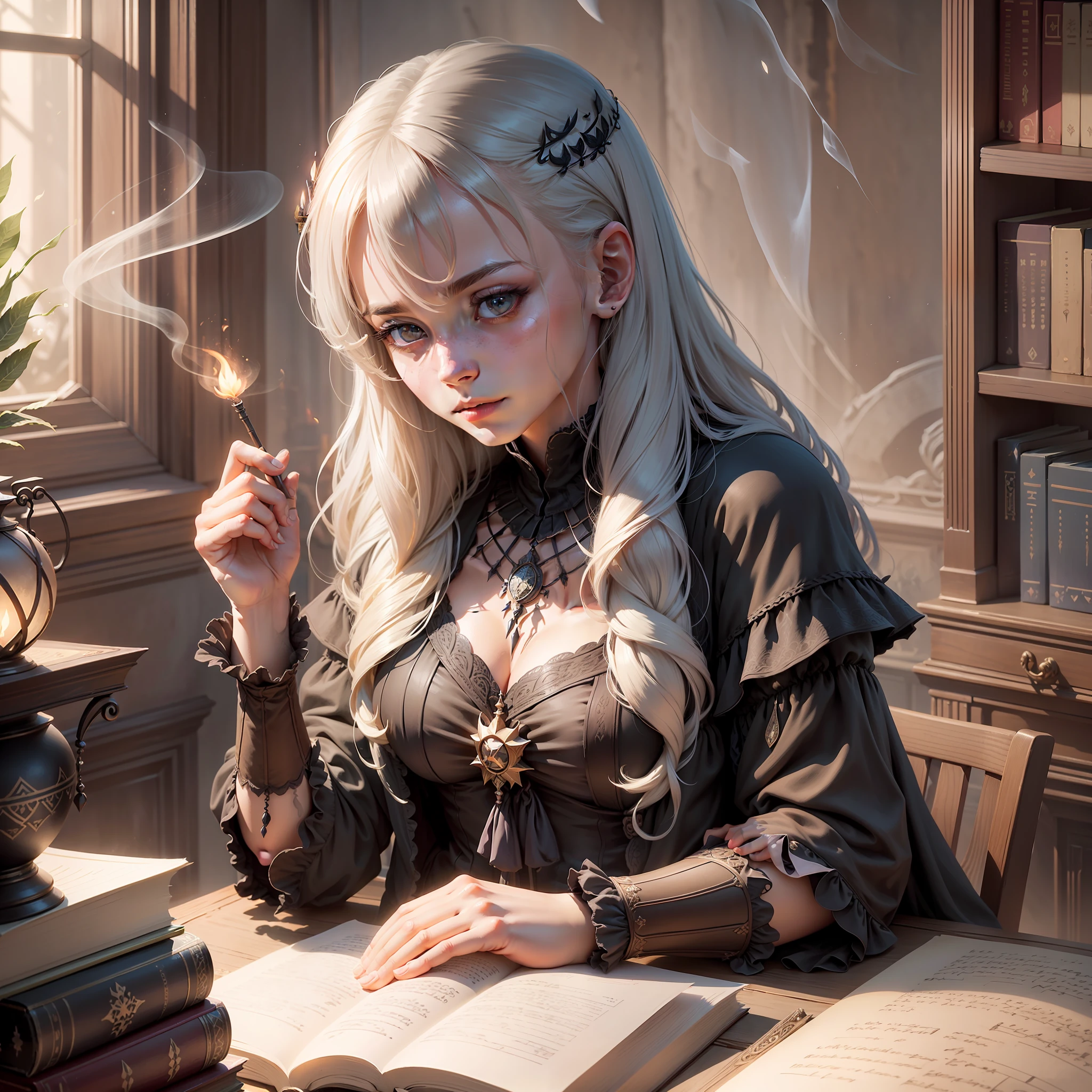 A young witch sitting in a shadowy study room filled with bookshelves full of dusty old books. She is engrossed in reading a grimoire lit only by a flickering candle on the table. The room is illuminated by a dim and diffuse light, creating mysterious shadows that dance on the walls and antique furniture. The environment is quiet and introspective, with a sense of loneliness and deep concentration. The atmosphere is dense and heavy, charged with the energy of ancient magic and occult knowledge. Engraving-style illustration with detailed lines and intense shading --auto --s2