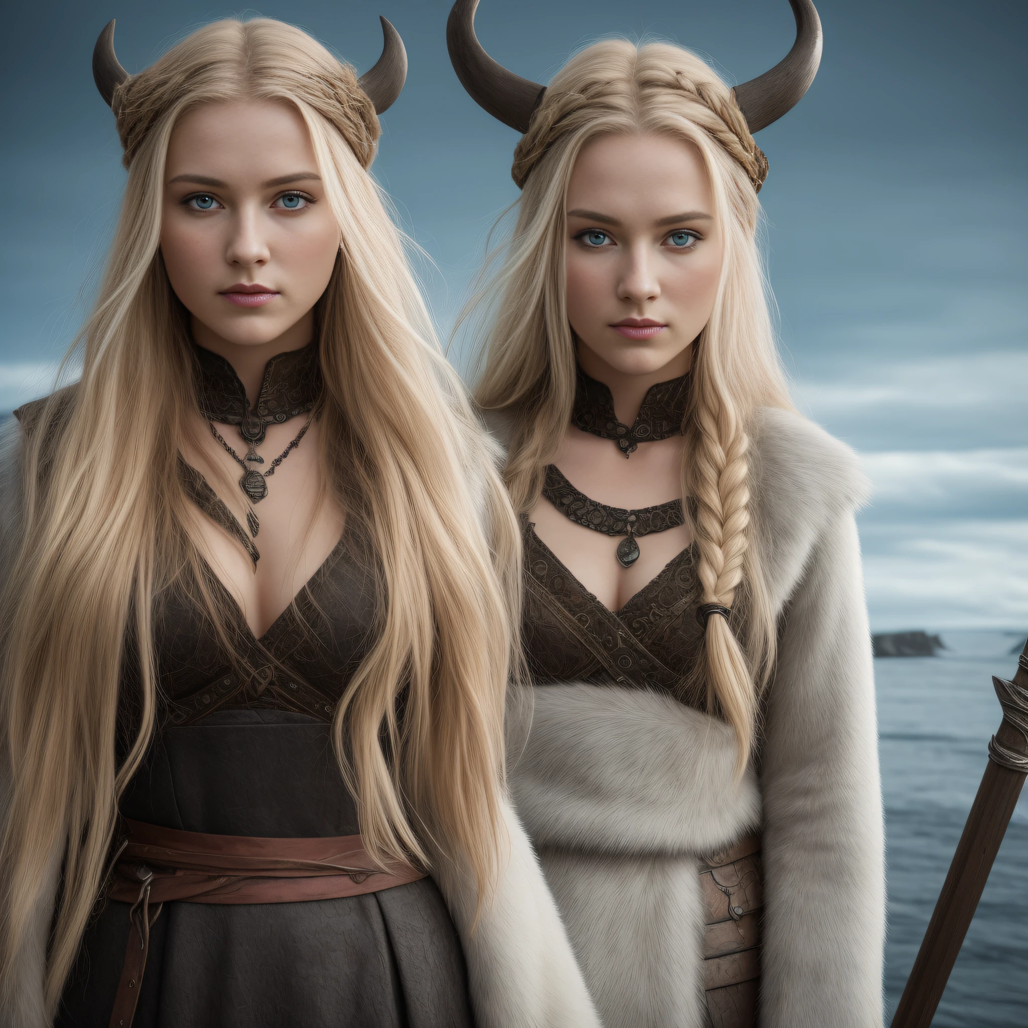 The image shows a beautiful woman of Icelandic descent with Viking style. She has slightly reddish cheeks and (fierce eyes of bluish ice color with a subtle black outline). Her hair is blonde and fluttering, combed into a Viking woman's hairstyle. The model wears elegant Viking woman armor with a fur coat and Viking accessories, along with a Viking sword at her waist. She is captured in an enhanced ESRGAN image with a realistic face (captured in a head-to-toe photo) that shows her youthful appearance at the age of 23. The image was captured using a Sigma 35mm f/1.4 Art lens in stunning detail at 8192 x 8192 pixels with High Dynamic Range to capture accurate color and detail. The model is on a Viking ship in the middle of an open sea with a dramatic angle, illuminated by sunlight that creates shadows and reflections, and with a volumetric light effect adding depth to the image. The result is an image that highlights the fierce and powerful nature of a Viking woman with Icelandic heritage, depicted in stunning detail and realism, (she is alone in the image)