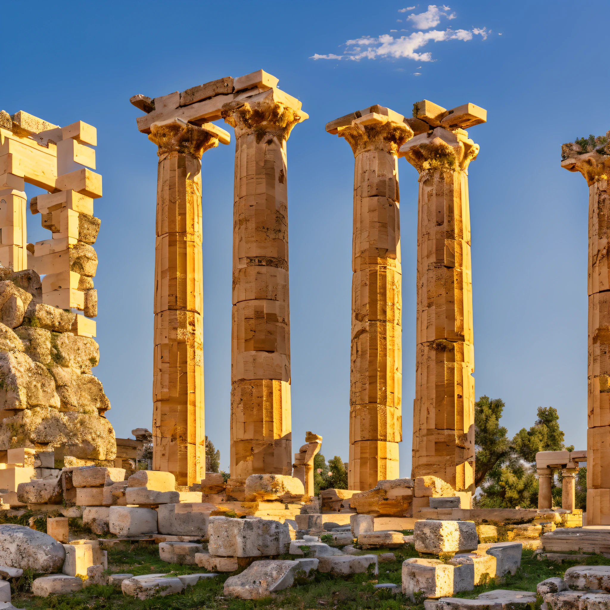 Greek ruins with a building supported on 4 pillars, (highlight on the 4 pillars). The ruins have to be in a beautiful and well-lit environment. (cinematic) (super realistic) (in 4k) --auto --s2