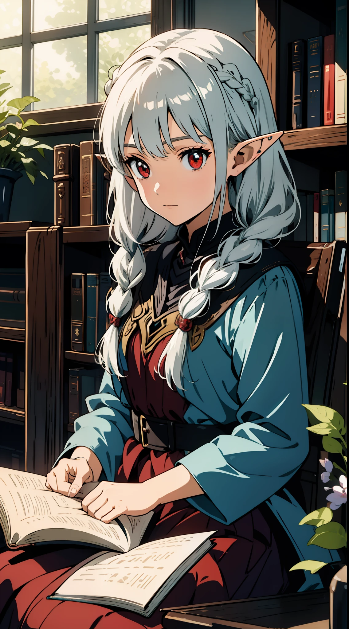 Close up portrait of one girl, elf, silver hair, red eyes, braid, fantasy style costume, library, reading a book, sitting, concept art, official art