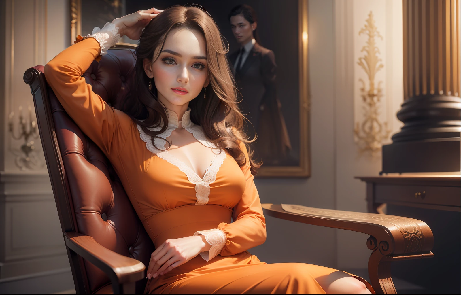portrait of an elegant woman, 30 years old, European appearance, muted shades of clothing, sitting in an easy chair, elegant pose, orange chair