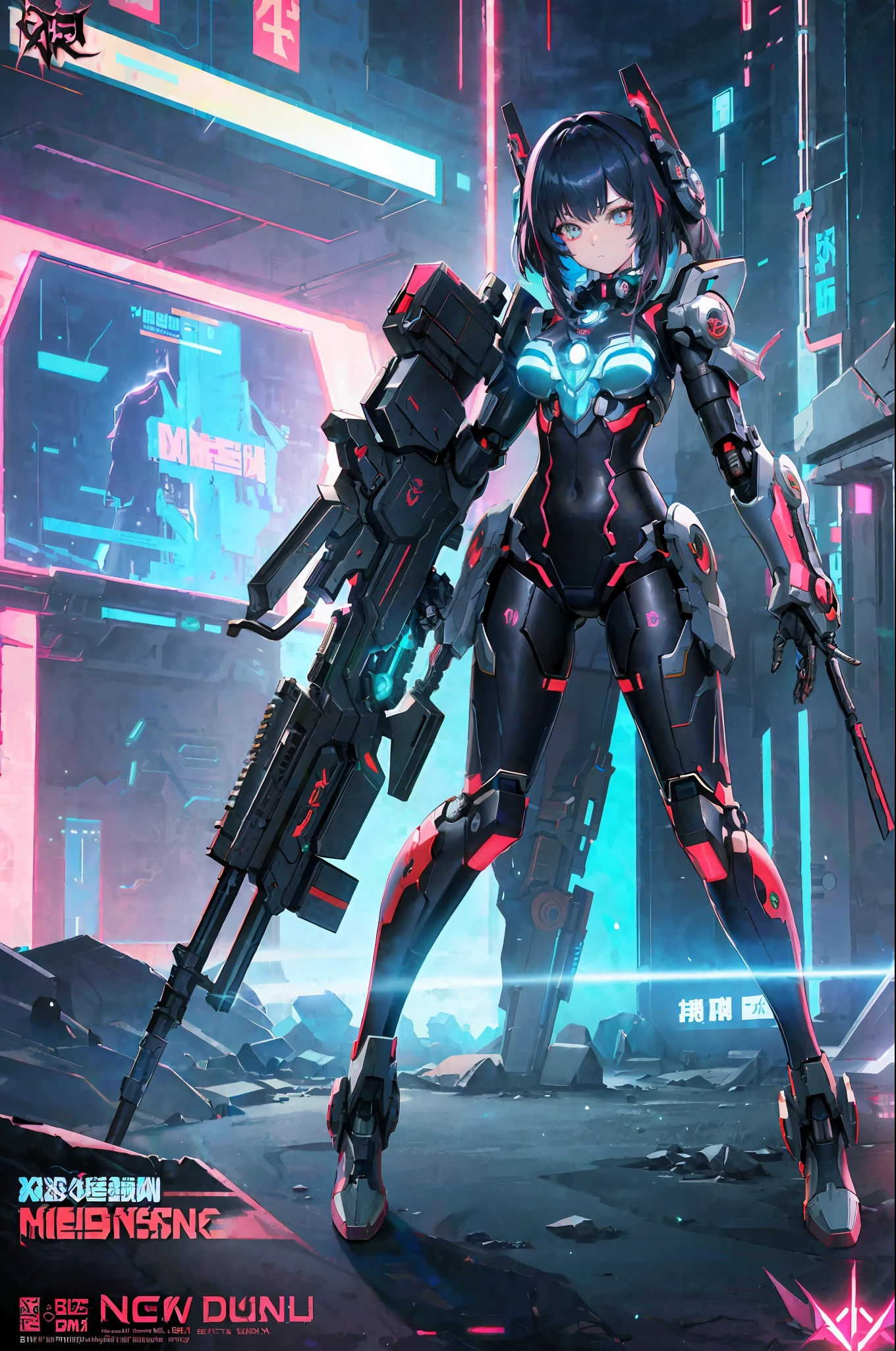 (Cyberpunk anime girl mecha, 8k quality, Guweiz, Russell Dongjun Lu, Ross tran and other well-known artists signature style), construct unique patterns, (detail setting + fluorescent glow) and (digital art special effects + cool network armor) to create a gorgeous cyberpunk future.