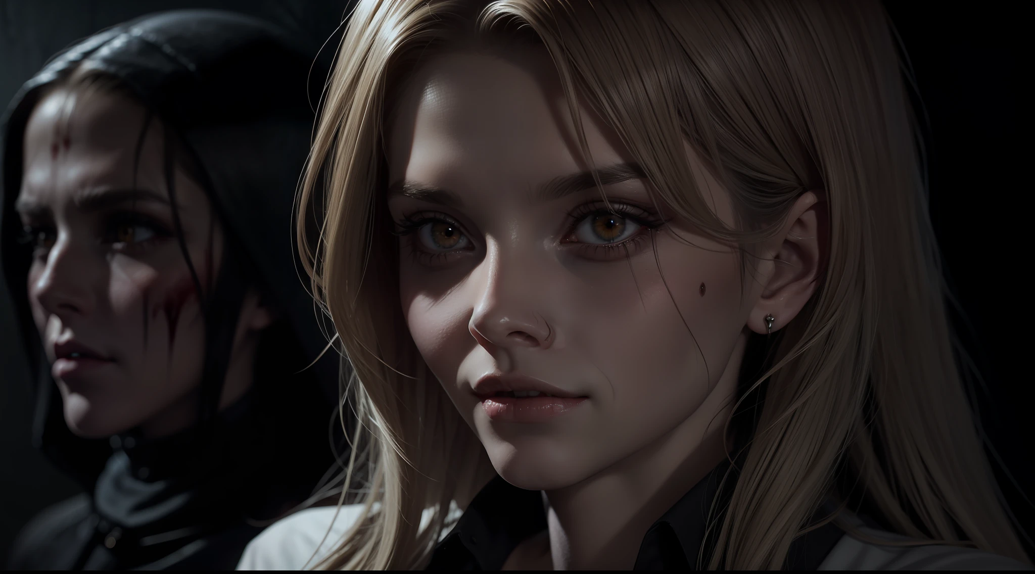 award-winning photo from the waist up, crisp comic rendering, young blonde (Michelle Pfeiffer) with white eyes dripping blood from her forehead and having stigmas, long hair, a black demon in the background, horror face, creepy, character portrait, concept art, painting, fanart, highly detailed in the style of wlop by Ilya Kuvshinov, Wenjun Lin, angular asymmetrical design, horror movie,  scary movie poster