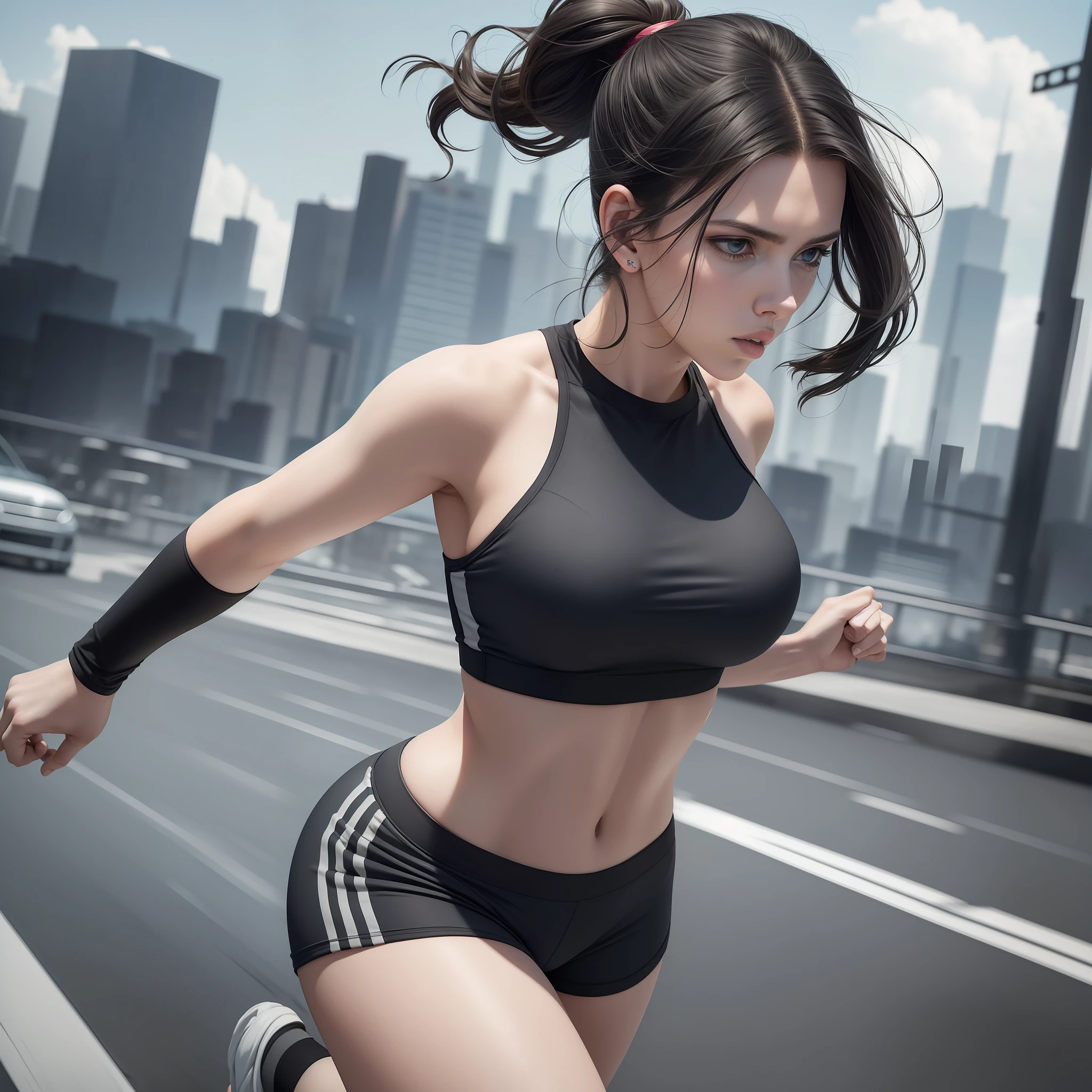 1 Scarlett Johansson 26 years old, running, grey top, black shorts, ponytail, black hair, athletic build, dynamic brushstrokes, fluid movement, capturing the essence of her athleticism and energy, using light colors and soft tones to create a dreamy and ethereal atmosphere, portraying the movement and grace of the race, showing the wind blowing her ponytail and clothes,  and the landscape around you. outdoors, detailed background, modern metropolis,