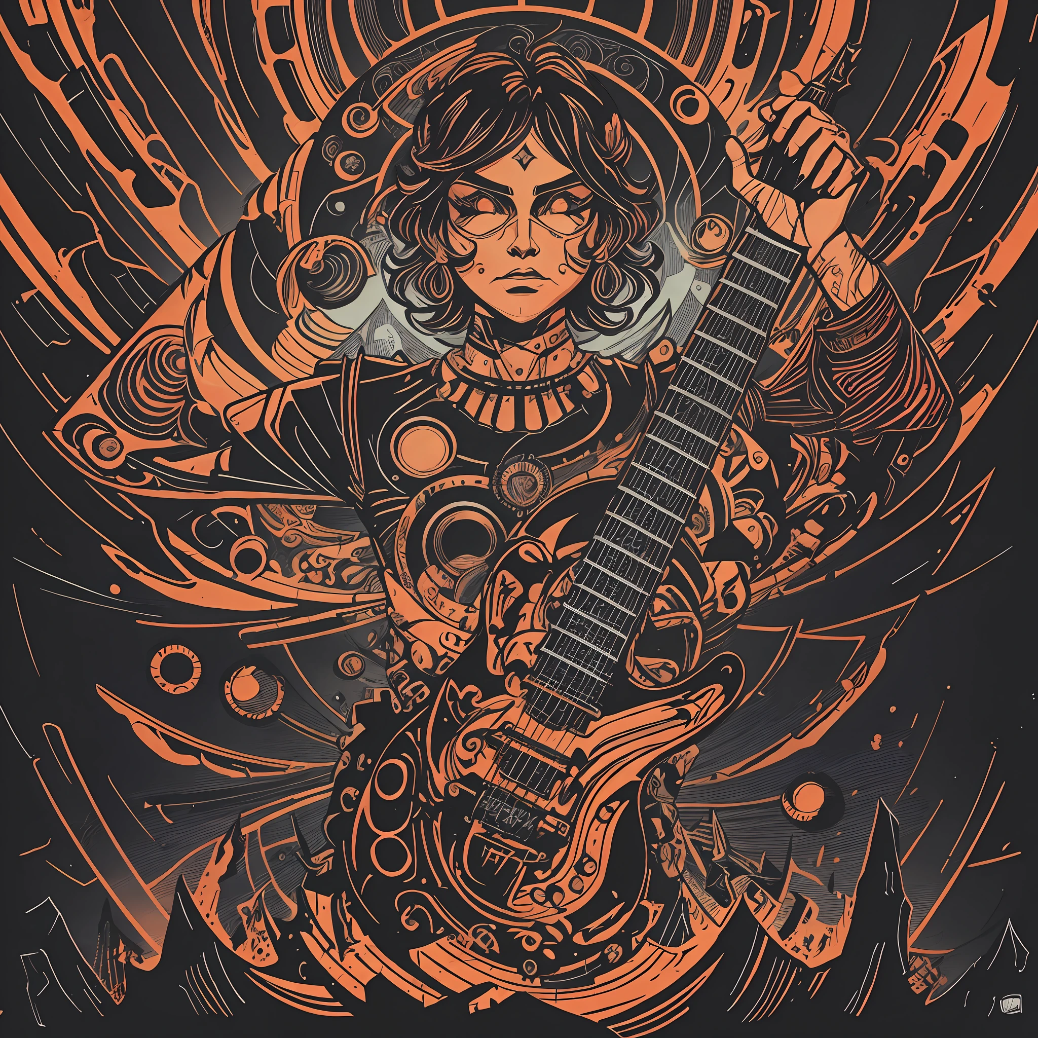 T-shirt art, 2D, ((black background: 1, 5)), vector, vivid colors, A Rock band on a dystopian stage, masterpiece, best quality, intricate details, perfect symmetrical face, van starry night style gohg, rock and roll theme, rim light, moonlight, cinematic shading, Greg Rutkowisk --auto --s2