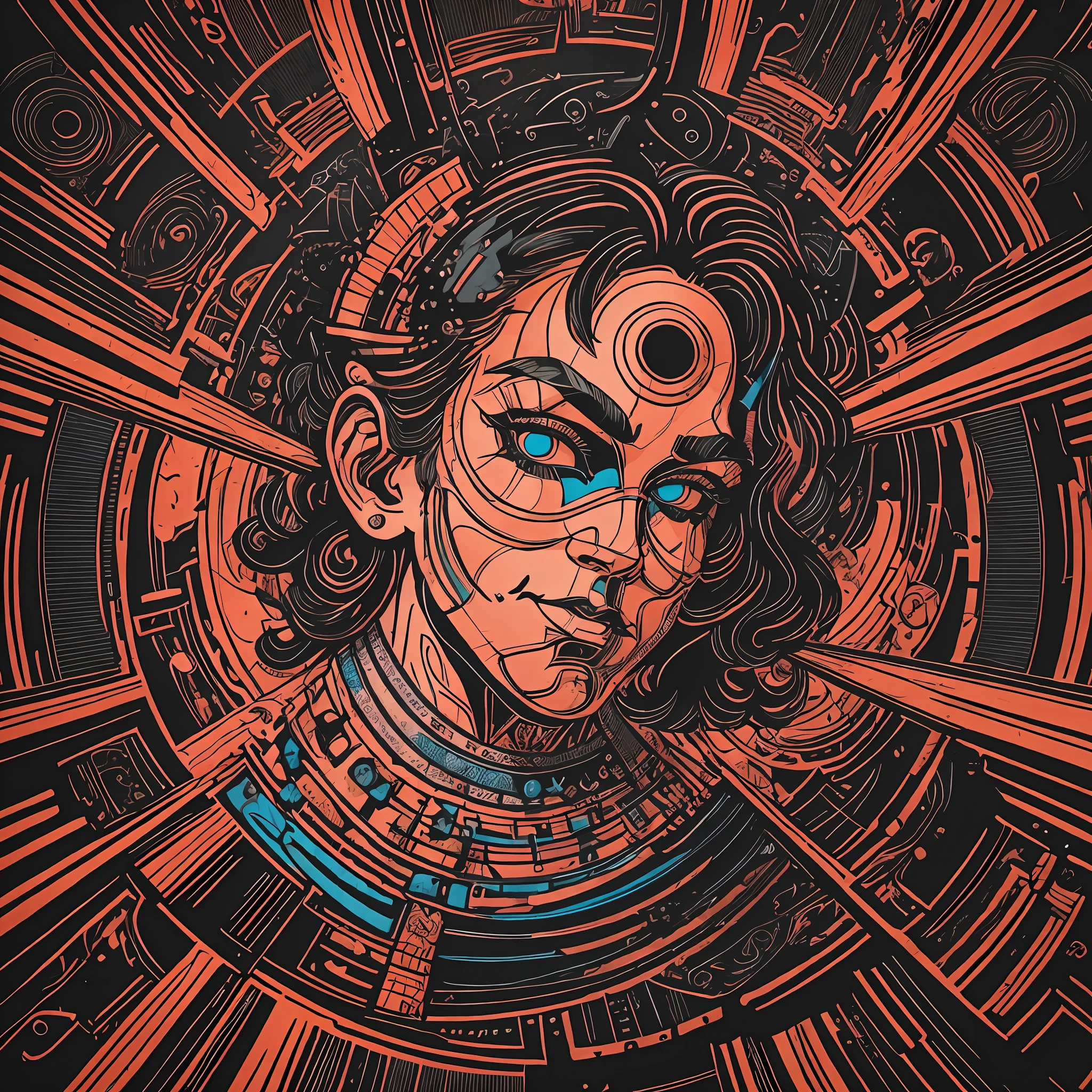 T-shirt art, 2D, ((black background: 1, 5)), vector, vivid colors, A Rock band on a dystopian stage, masterpiece, best quality, intricate details, perfect symmetrical face, van starry night style gohg, rock and roll theme, rim light, moonlight, cinematic shading, Greg Rutkowisk --auto --s2