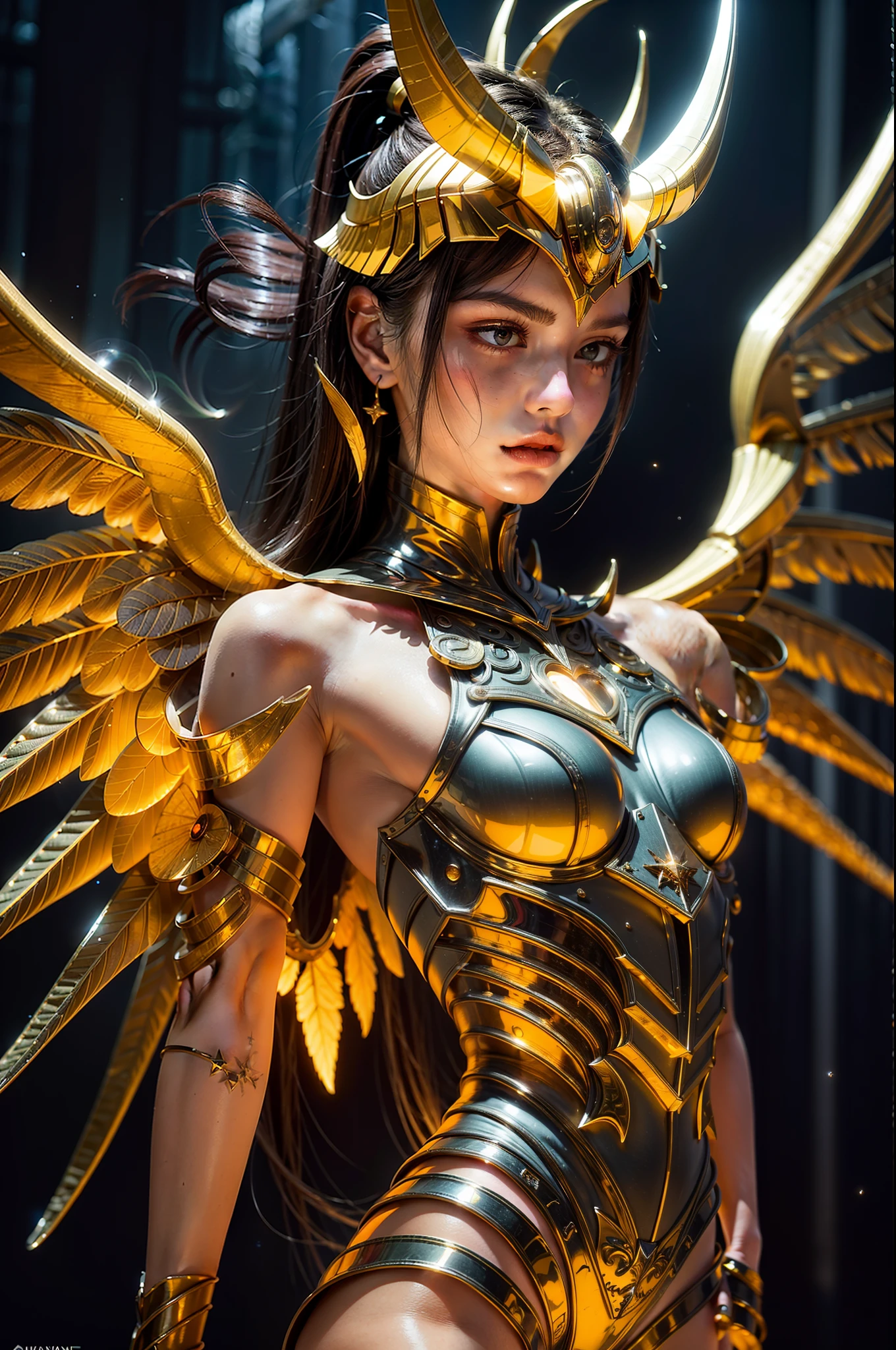 (masterpiece), (best quality:1.4), dark background, hyper smoke, backlit, [:intricate details:0.2], angel, angel wings, naked waist, perfect body, small soft breasts, milky way, sky, shimmering aura, intense focus, crackling energy, mysterious symbols, sparkling motes, rim light