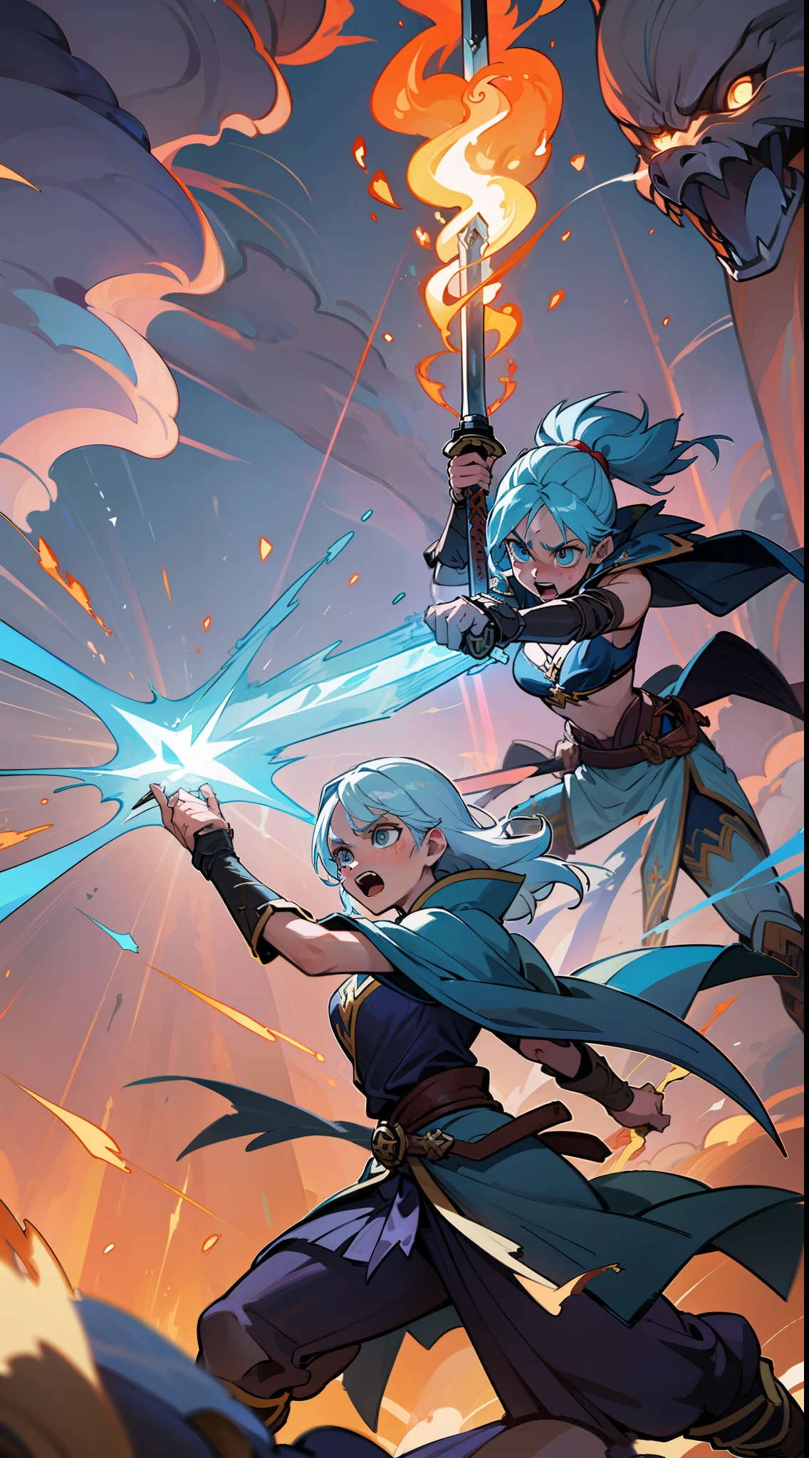 (An epic brawl scene in a fantasy world), dynamic action, heroic warriors, aura shining, (flying swords:1.2), (fire spell:1.1),(ice spell: 1.1), (lightning spell:1.1), (earth element:1.1), vivid colors, epic scale, intense lightning and shadows.