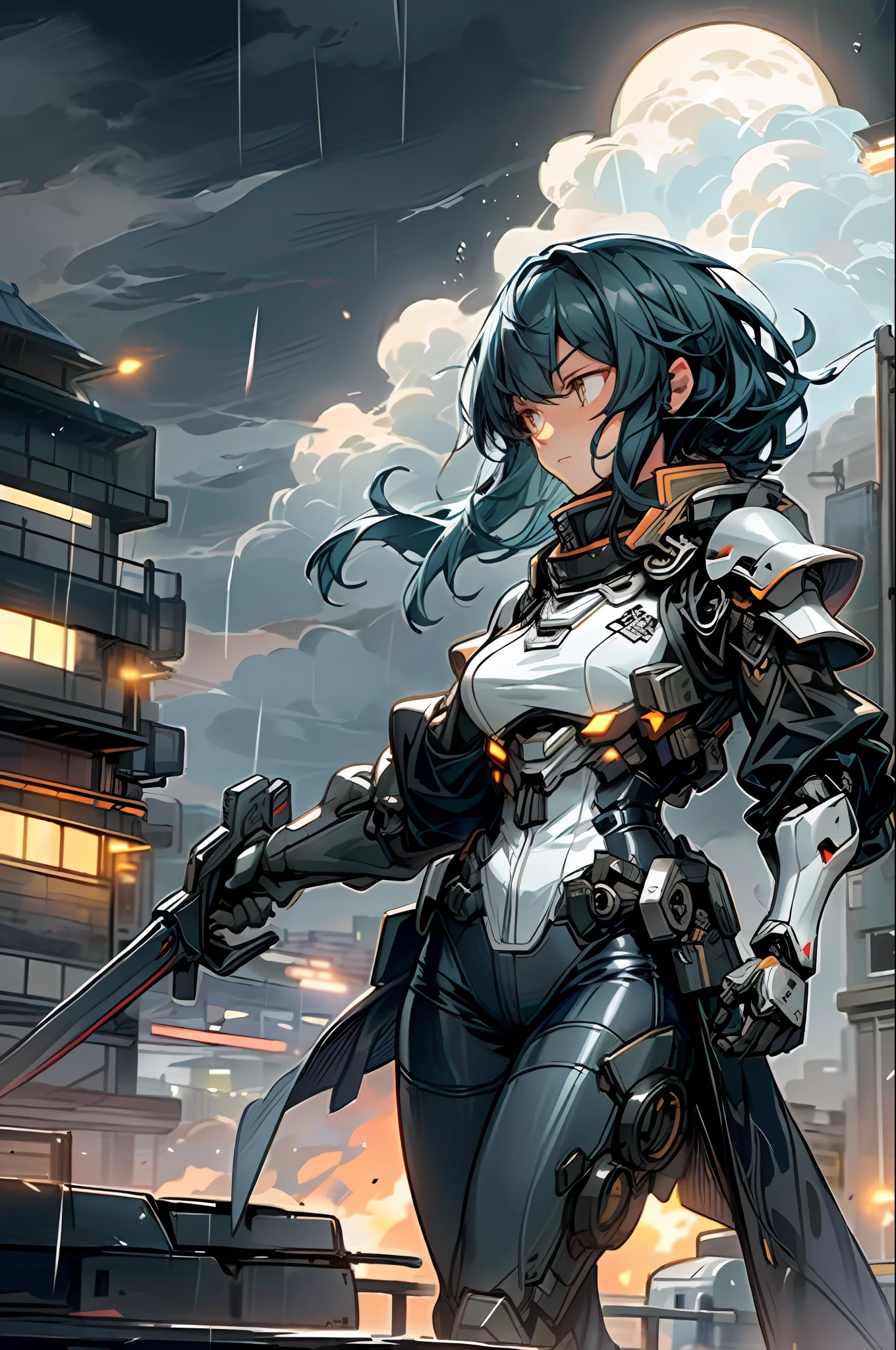 rainy night view, half moon, clouds, holding, glowing, building, glowing_eyes, mech, science_fiction, city, real, mech, fighter, strafing, attack, big explosion, mankind's strongest weapon, armored armor, hero, legendary soldier, female soldier, big chest