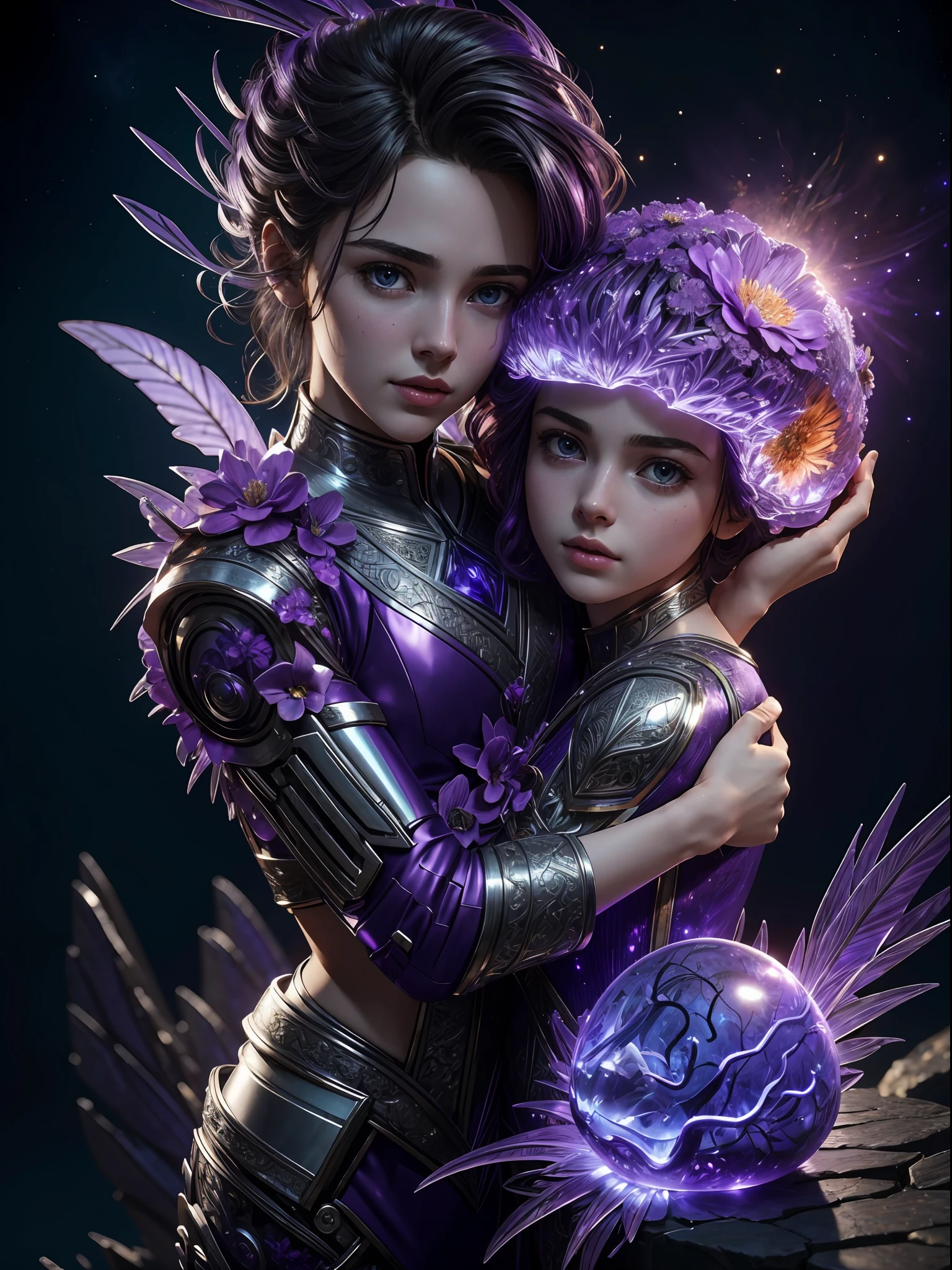 Incredible and spectacular scenes, ((high quality)), ((detailed)), ((fantasy)), "purple plasma brain, purple plasma body, realistic, best quality, 4K, flowers trapped in blisters at the top realistic, (handsome teenager and beautiful girl hugging), full body portrait", image quality (3D rendering effect) , exquisite details,