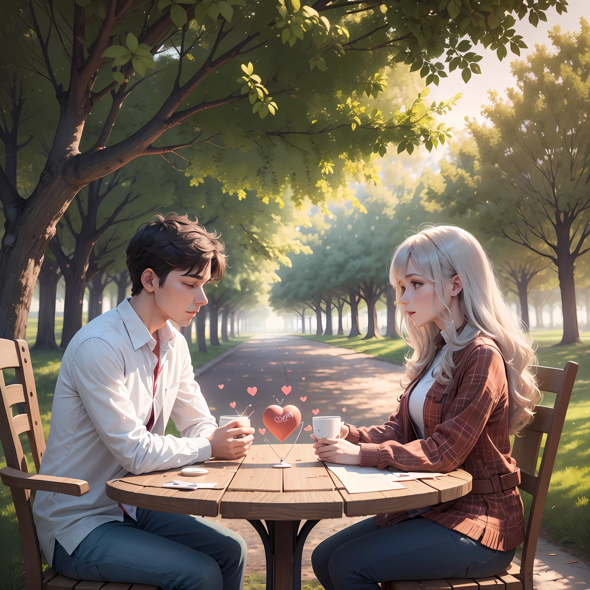 An illustration of a giant heart with a speech coming out of it, showing the importance of opening the heart in communication. Around, several scenes depict couples talking and sharing their emotions honestly and sincerely. Some are sitting at a dinner table, while others are walking hand in hand in a park, highlighting different contexts of intimate communication. --auto --s2