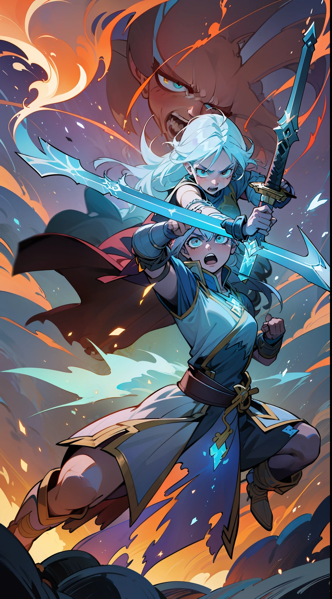 (An epic brawl scene in a fantasy world), dynamic action, heroic warriors, aura shining, (flying swords:1.2), (fire spell:1.1),(ice spell: 1.1), (lightning spell:1.1), (earth element:1.1), vivid colors, epic scale, intense lightning and shadows.