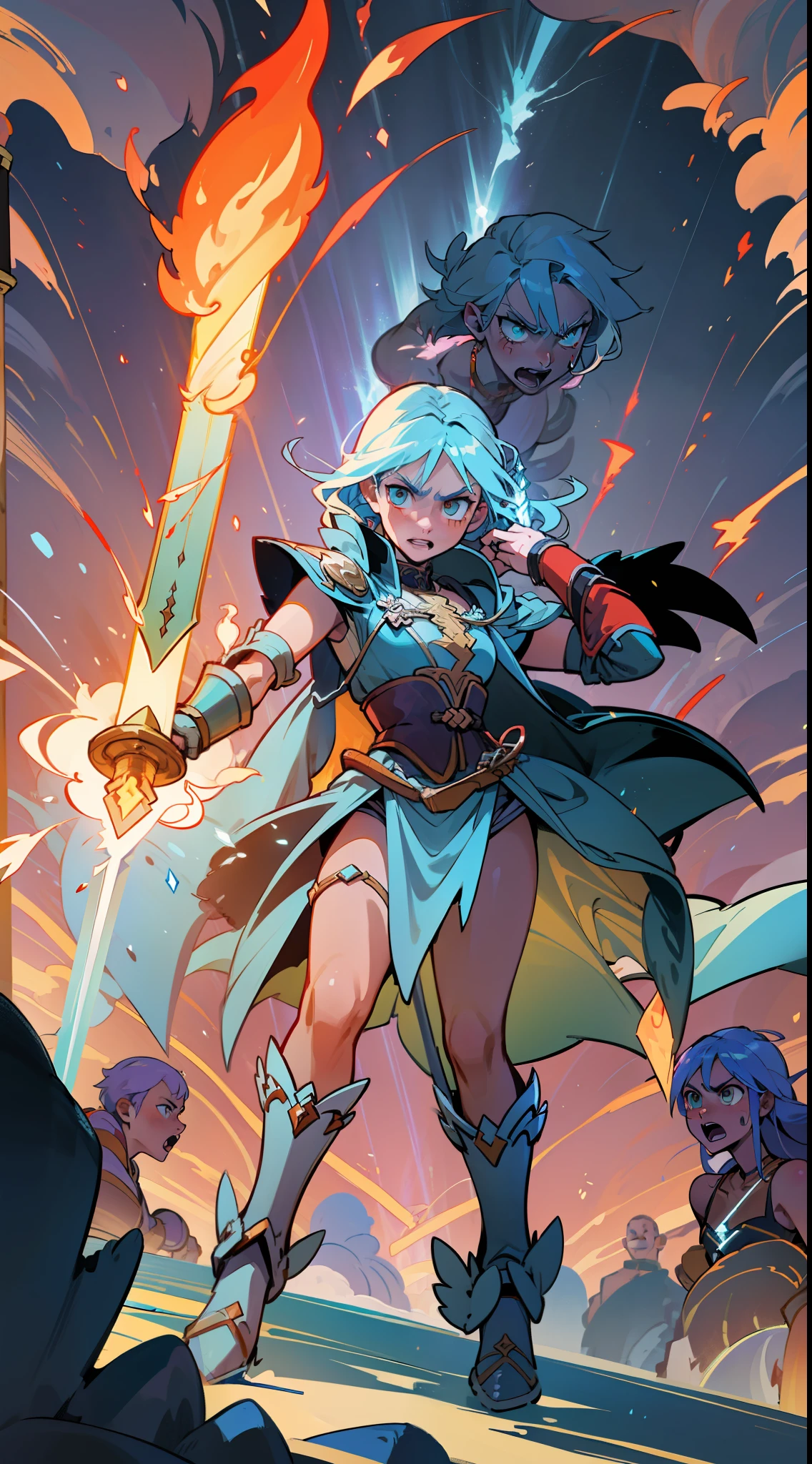 (An epic brawl scene in a fantasy world), dynamic action, heroic warriors, aura shining, (flying swords:1.2), (fire spell:1.1),(ice spell: 1.1), (lightning spell:1.1), (earth element:1.1), vivid colors, epic scale, intense lightning and shadows.