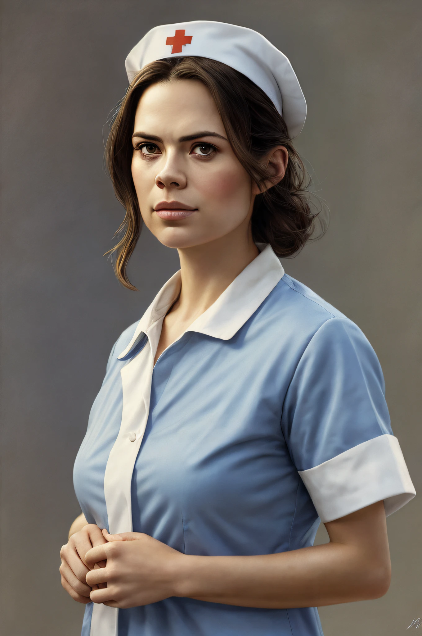 (Thirty year old) nurse woman, wearing a (nurses uniform::1.3), stethoscope, beautiful legs, dreamy photo, dramatic pose, looking directly at camera, intense stare, slight smile, soft expression, flirty, beautiful landscape, misty, Canon, (Detailed features::1.2), real life. Hayley Atwell, intricate, 8k, highly detailed, (extremely detailed CG unity 8k wallpaper), ((square jaw)), (well defined jaw), (downturned lips), (detailed anatomy), Hyperrealistic full shot body image, trending on CGSociety, Intricate, High Detail, Sharp focus, dramatic, volumetric lighting, digital painting, intense, modelshoot style, (extremely detailed CG unity 8k wallpaper), full shot body photo of the most beautiful artwork in the world, pearl skin, professional majestic oil painting by Ed Blinkey, Atey Ghailan, Studio Ghibli, by Jeremy Mann, Greg Manchess, Antonio Moro, trending on ArtStation, photorealistic painting art by midjourney and greg Rutkowski